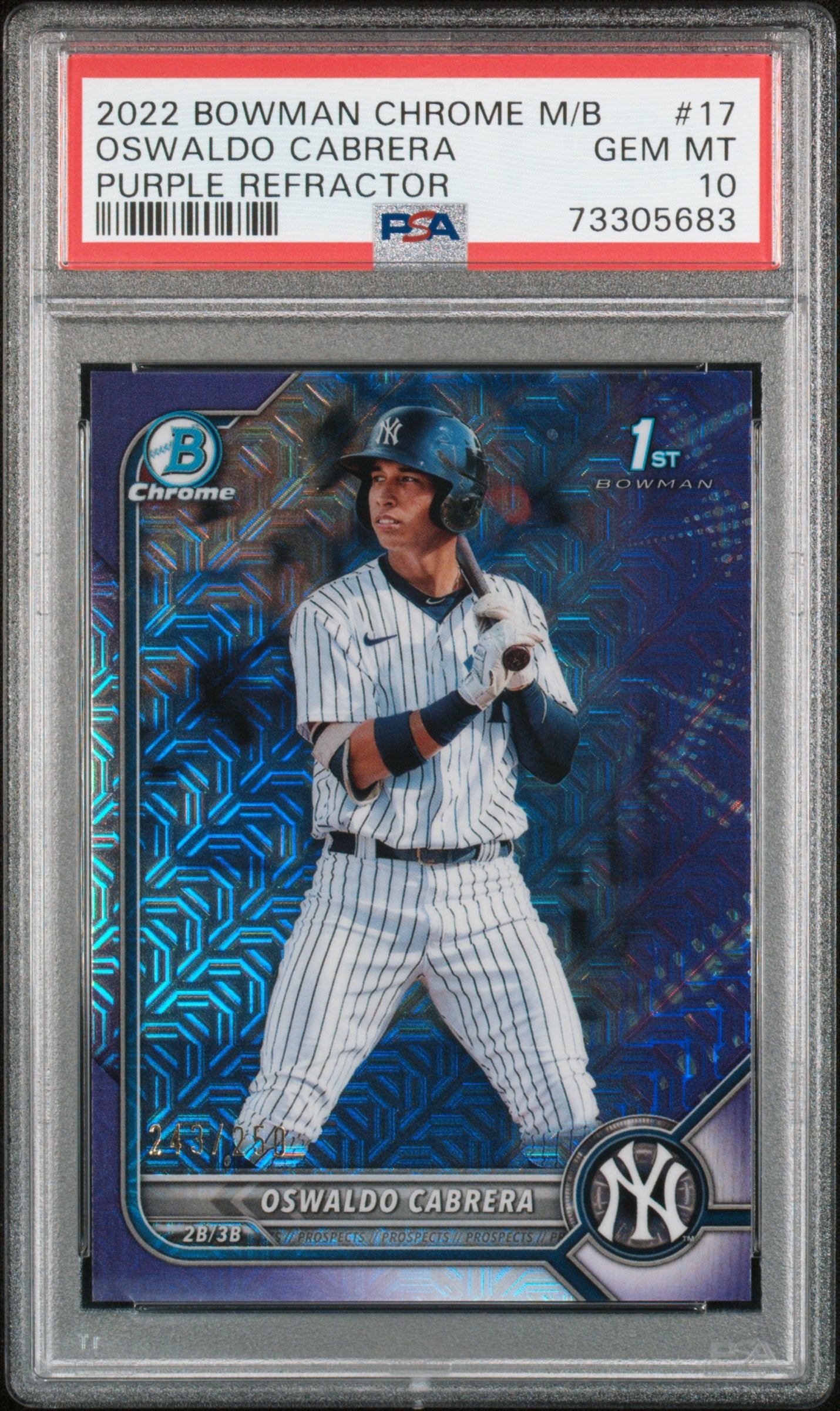 2022 Bowman Chrome Mega Box #BCP17 Oswaldo Cabrera Prospects Purple Refractors /250 PSA 10