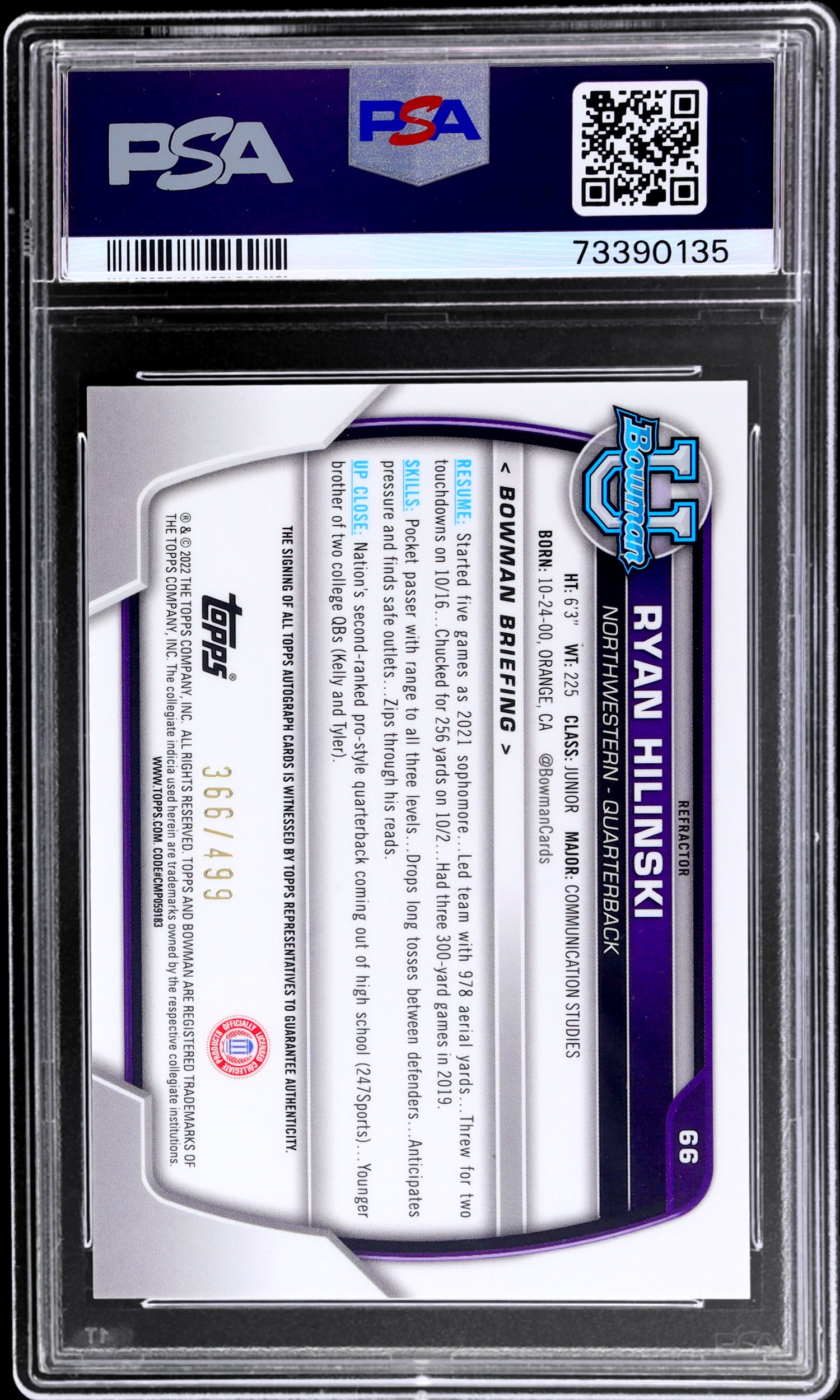 2022 Bowman University Refractor Ryan Hilinski #66 Auto /499 PSA 10