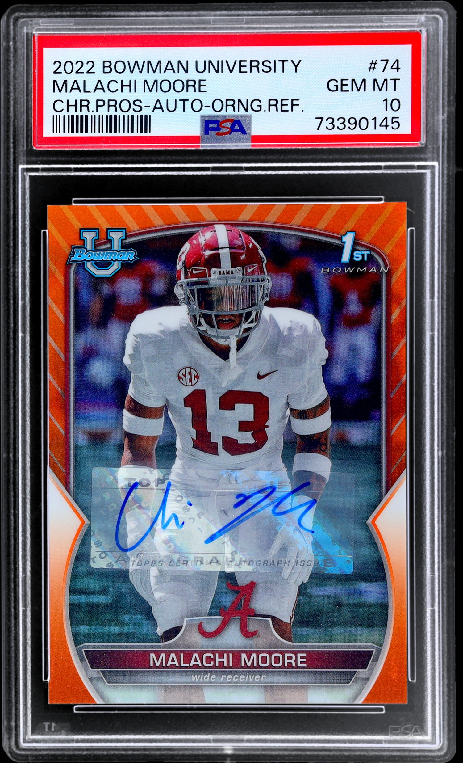 2022 Bowman University Orange Refractor Malachi Moore #74 Auto /25 PSA 10