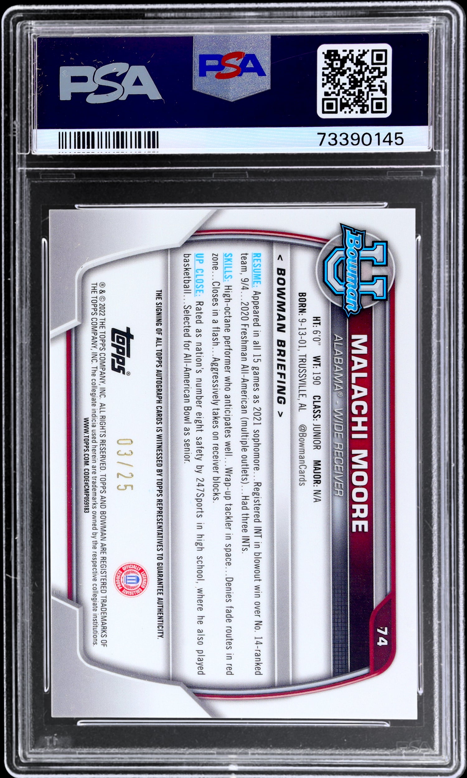 2022 Bowman University Orange Refractor Malachi Moore #74 Auto /25 PSA 10
