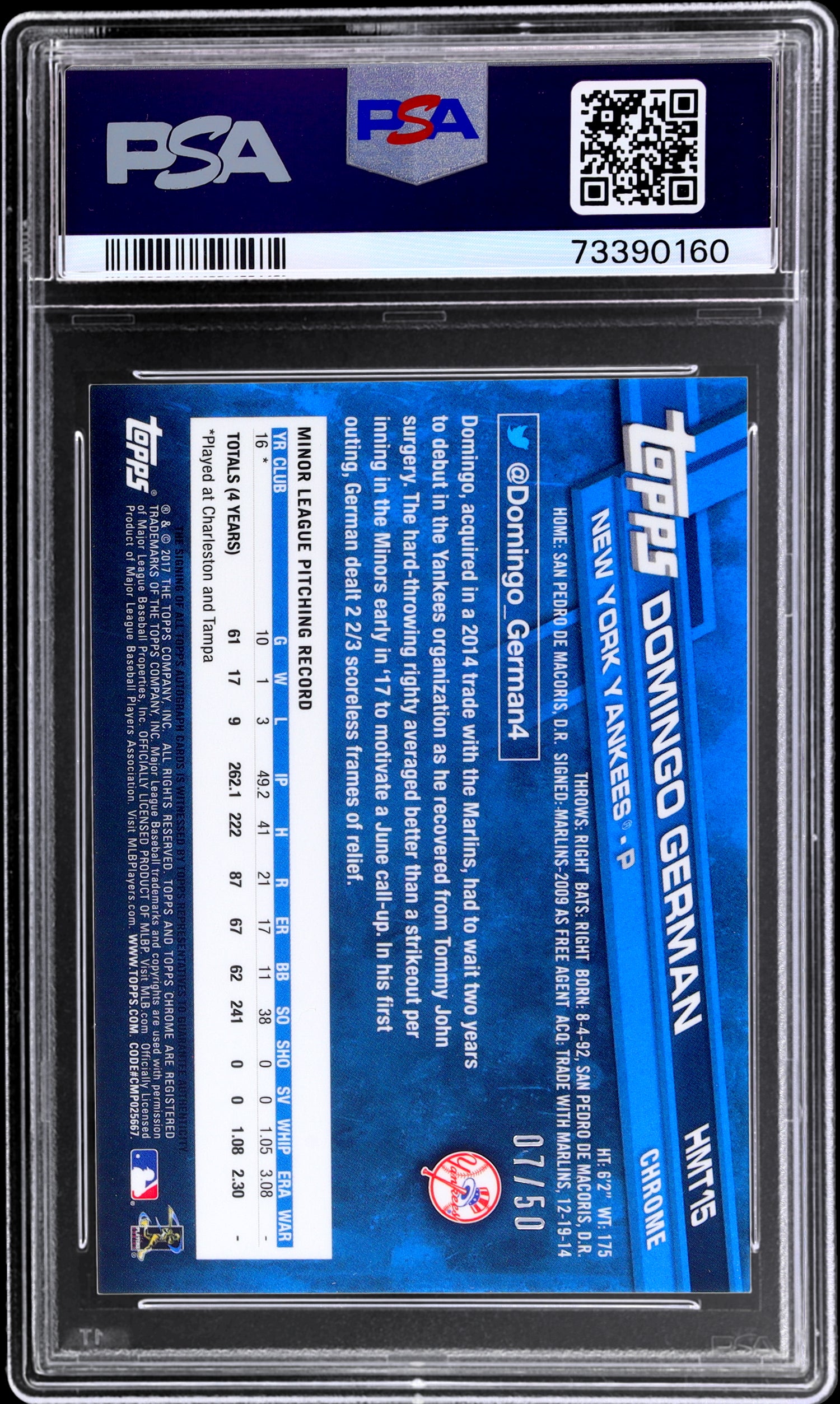 2017 Topps Chrome Update Gold Refractor Domingo German #HMT15 /50 PSA 9 Auto RC