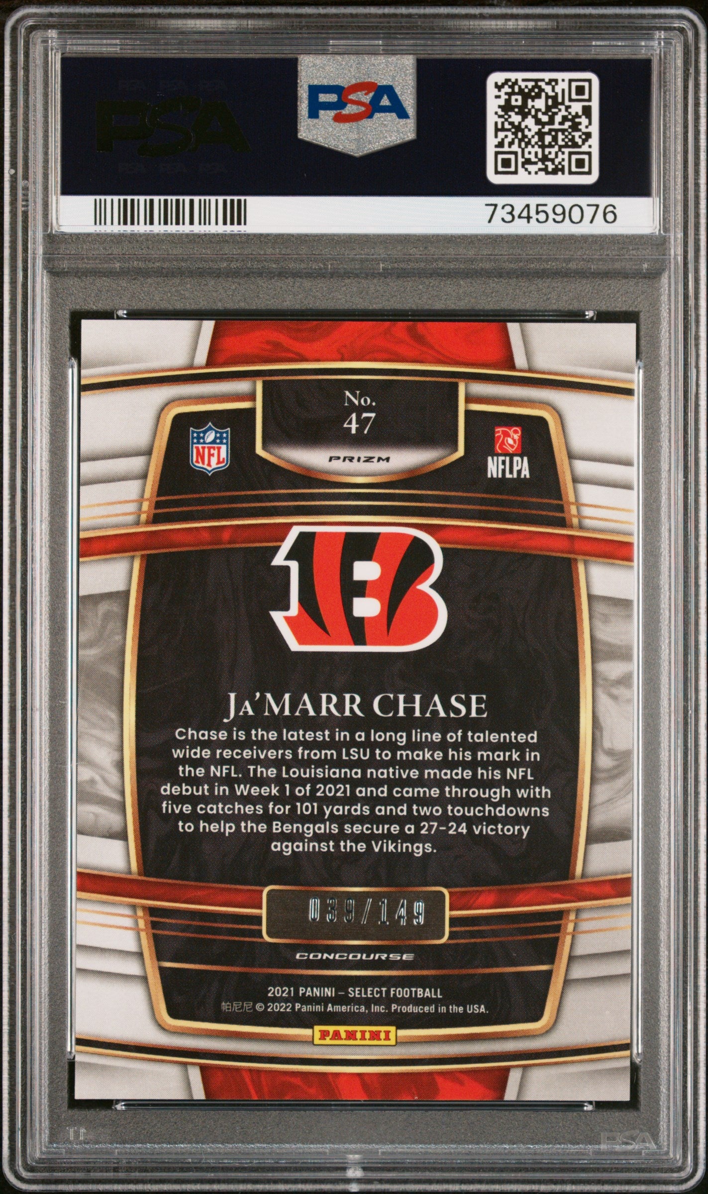 2021 Panini Select Prizm Maroon Ja'Marr Chase #47 /149 PSA 9