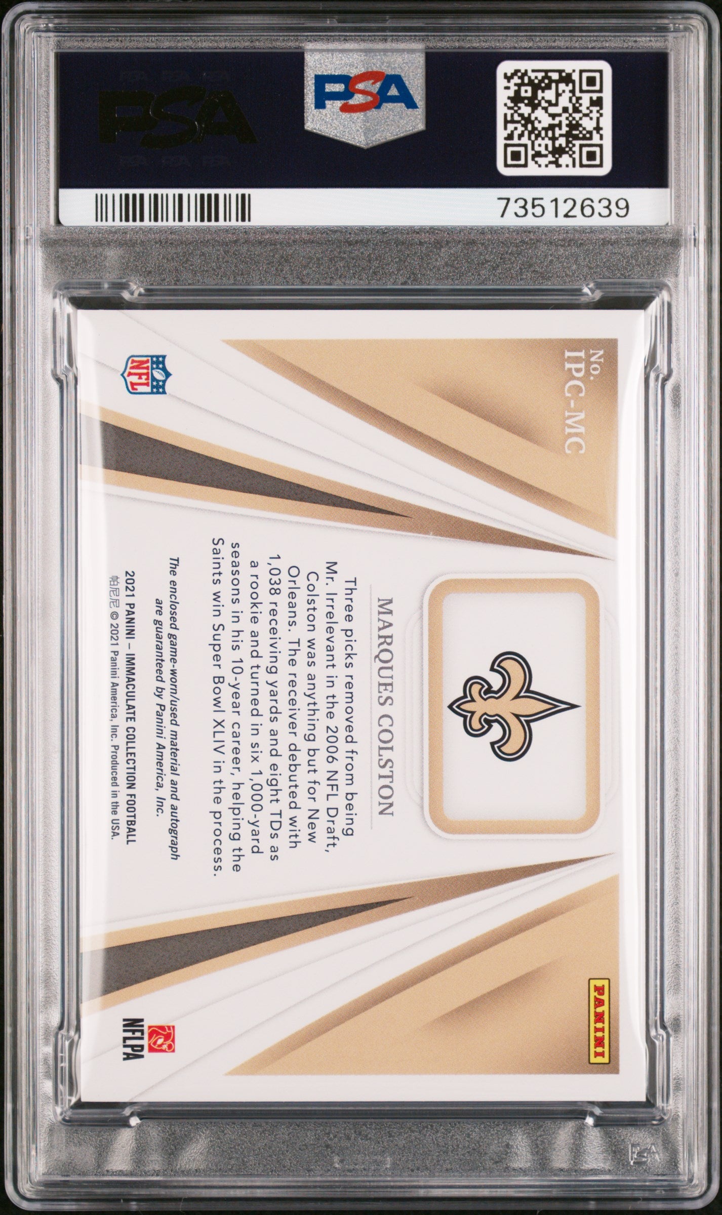 2021 Panini Immaculate Collection Players Collection Autographs Marques Colston #IPCMC /99 PSA 9