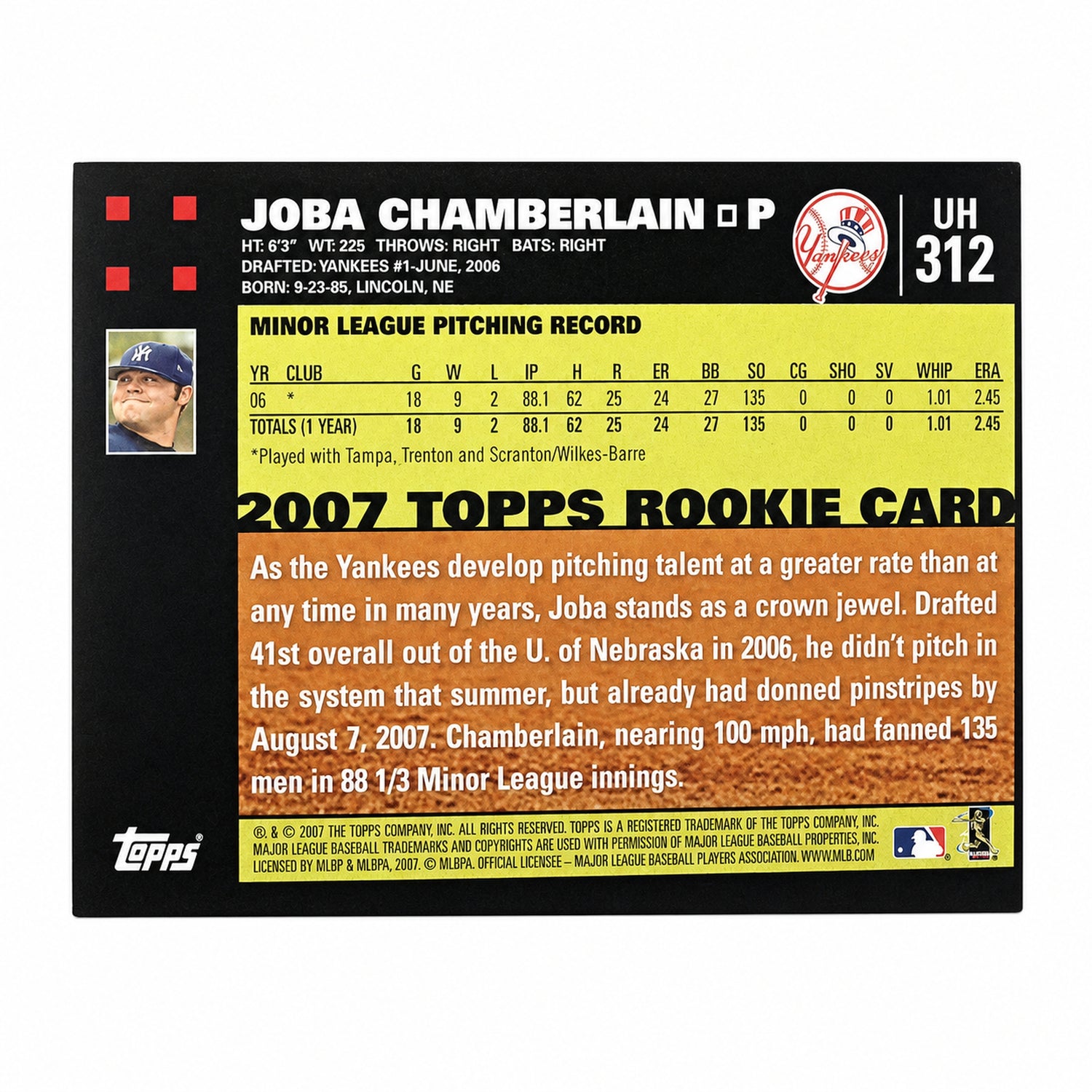 2007 Topps #UH312 Joba Chamberlain Rookie RC Reverse Negative SSP