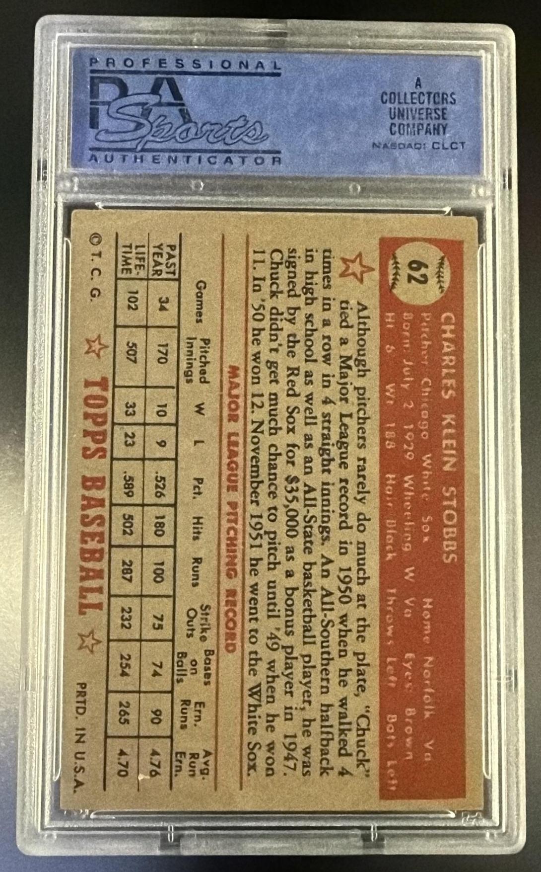 1952 Topps Chuck Stobbs #62 PSA 4