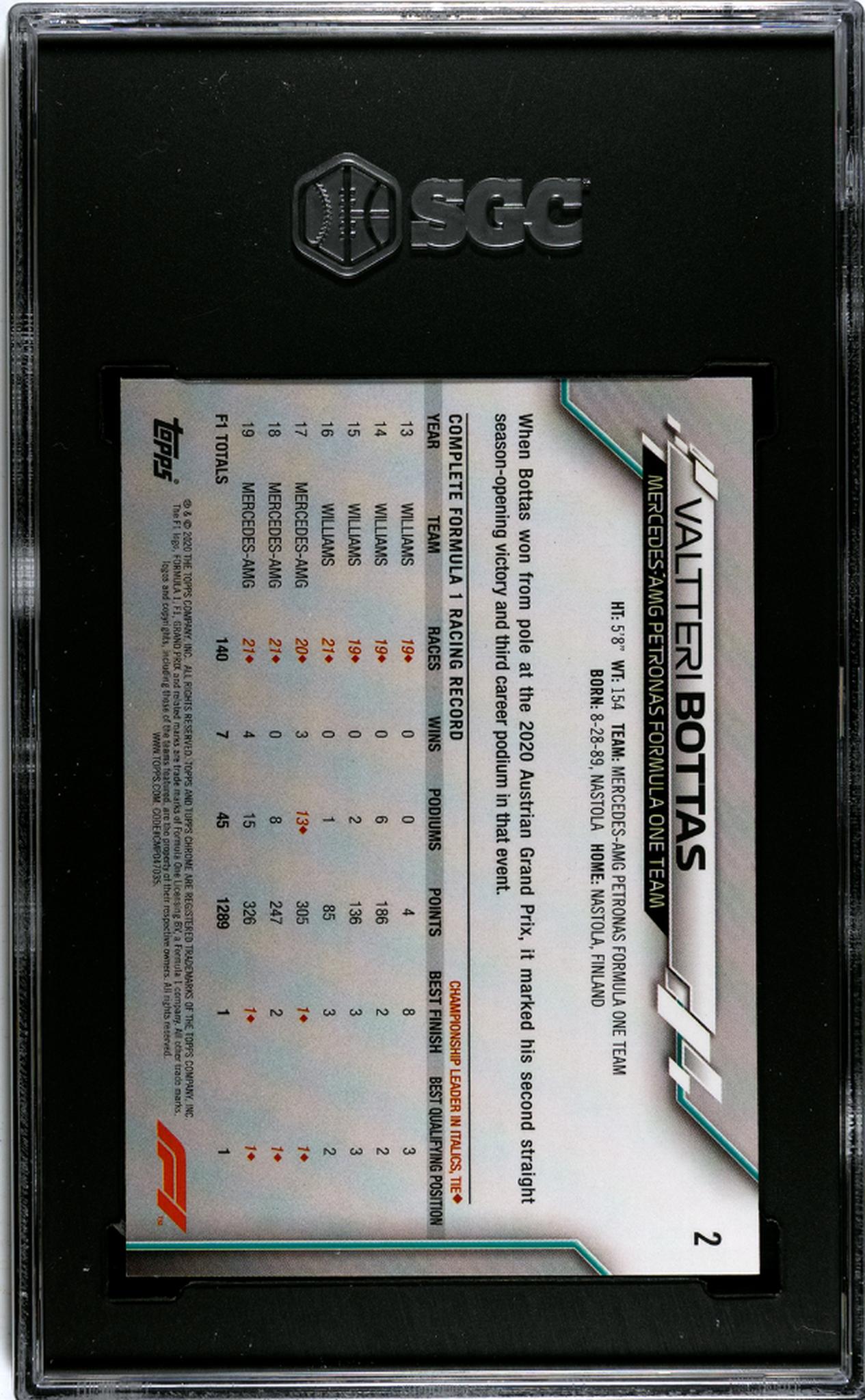 2020 Topps Chrome #2 Valtteri Bottas Sapphire F1 SGC 10