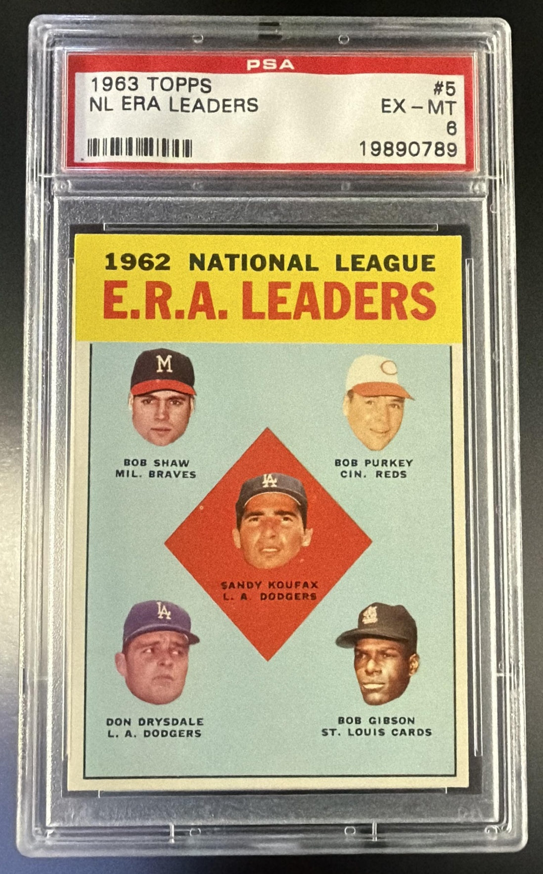1963 Topps Nl Era Leaders/Sandy Koufax/Bob Shaw/Bob Purkey/Bob Gibson/Don Drysdale #5 PSA 6