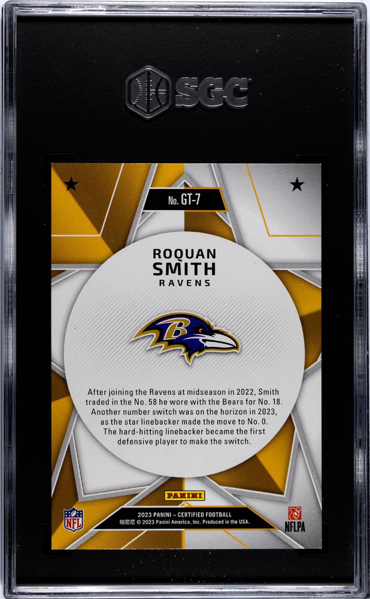 2023 Panini Certified Mirror Pink Roquan Smith #GT-7 /199 SGC 9
