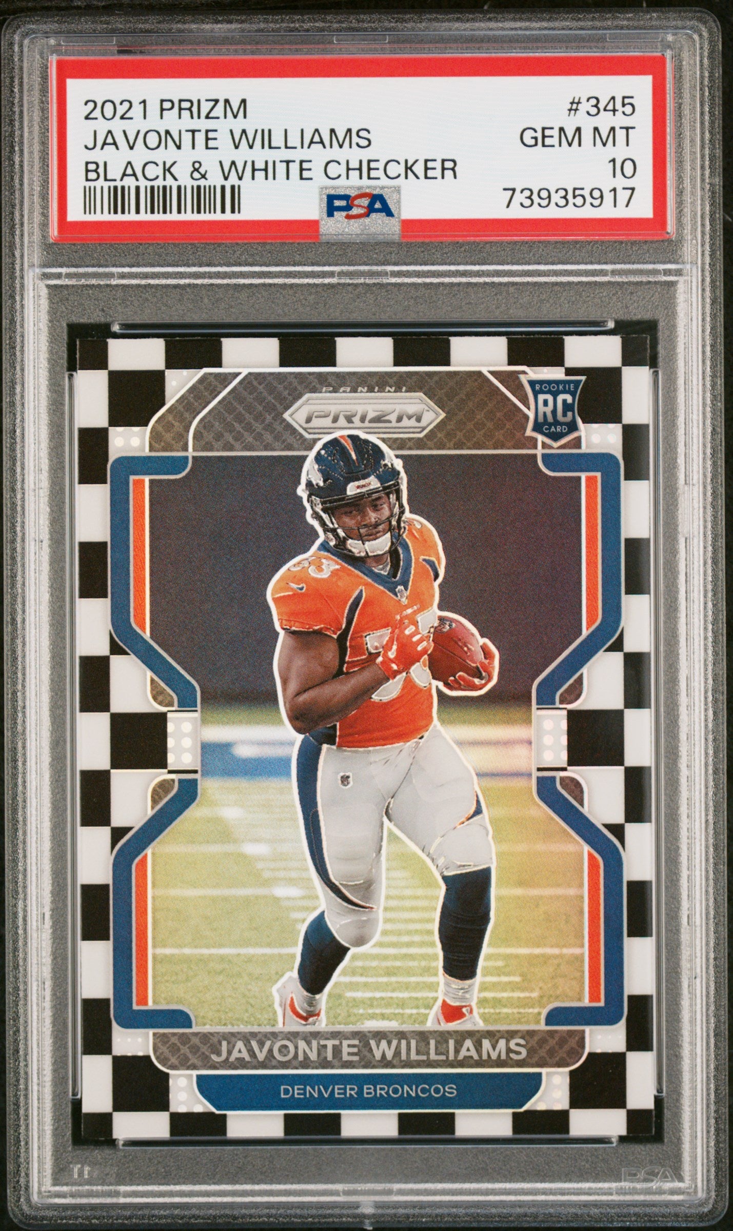 2021 Panini Prizm Black and White Checker Prizm Javonte Williams #345 PSA 10
