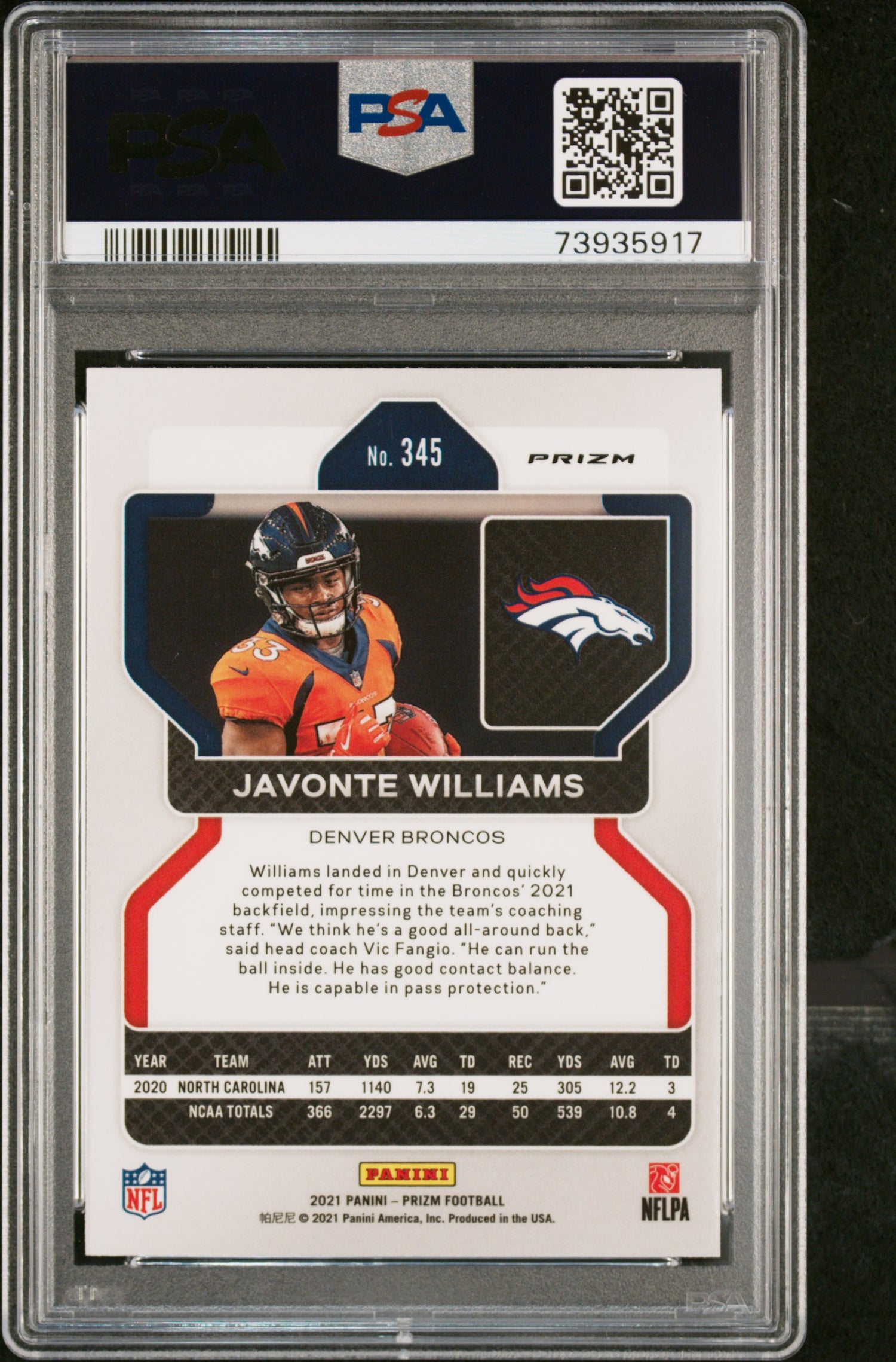 2021 Panini Prizm Black and White Checker Prizm Javonte Williams #345 PSA 10