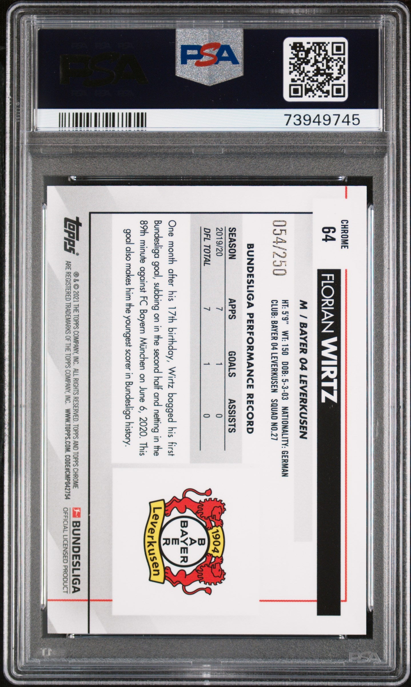 2020 Topps Chrome Bundesliga X-Fractor Florian Wirtz #64 /250 PSA 10