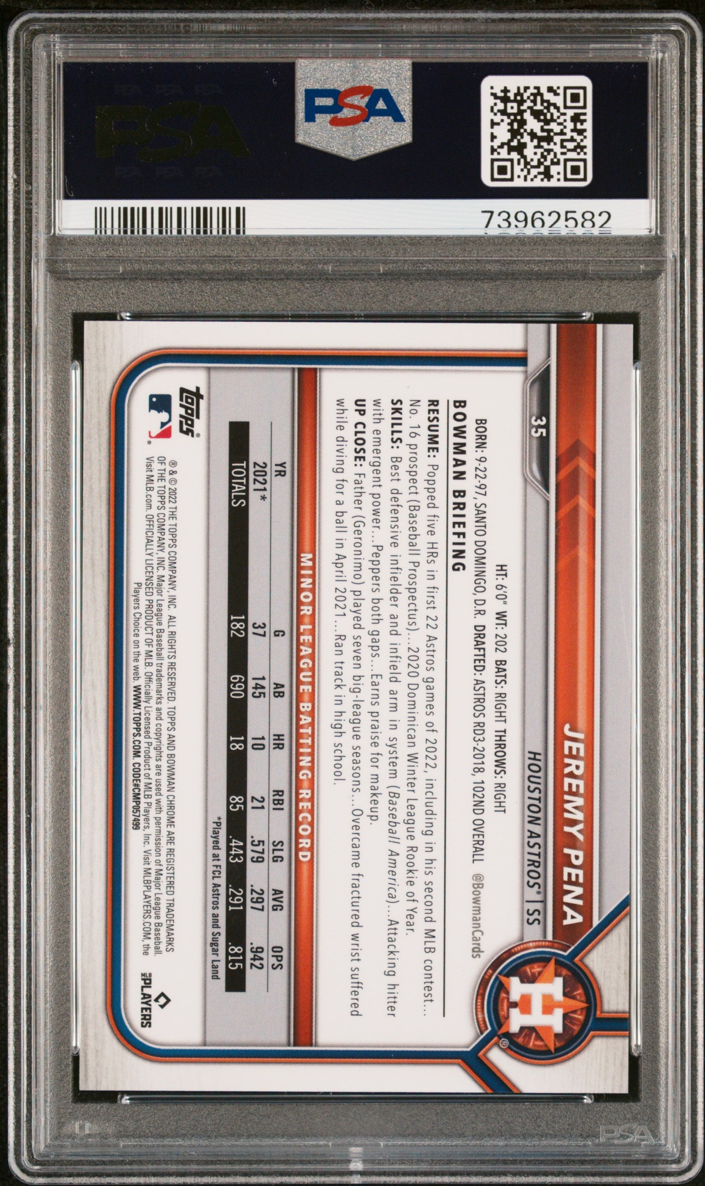 2022 Bowman Chrome Sapphire Edition #35 Jeremy Pena Sp-Yellow PSA 10