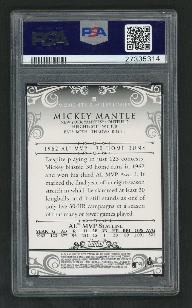 2008 Topps Moments & Milestones Home Run 30 Mickey Mantle #5 /150 PSA 10