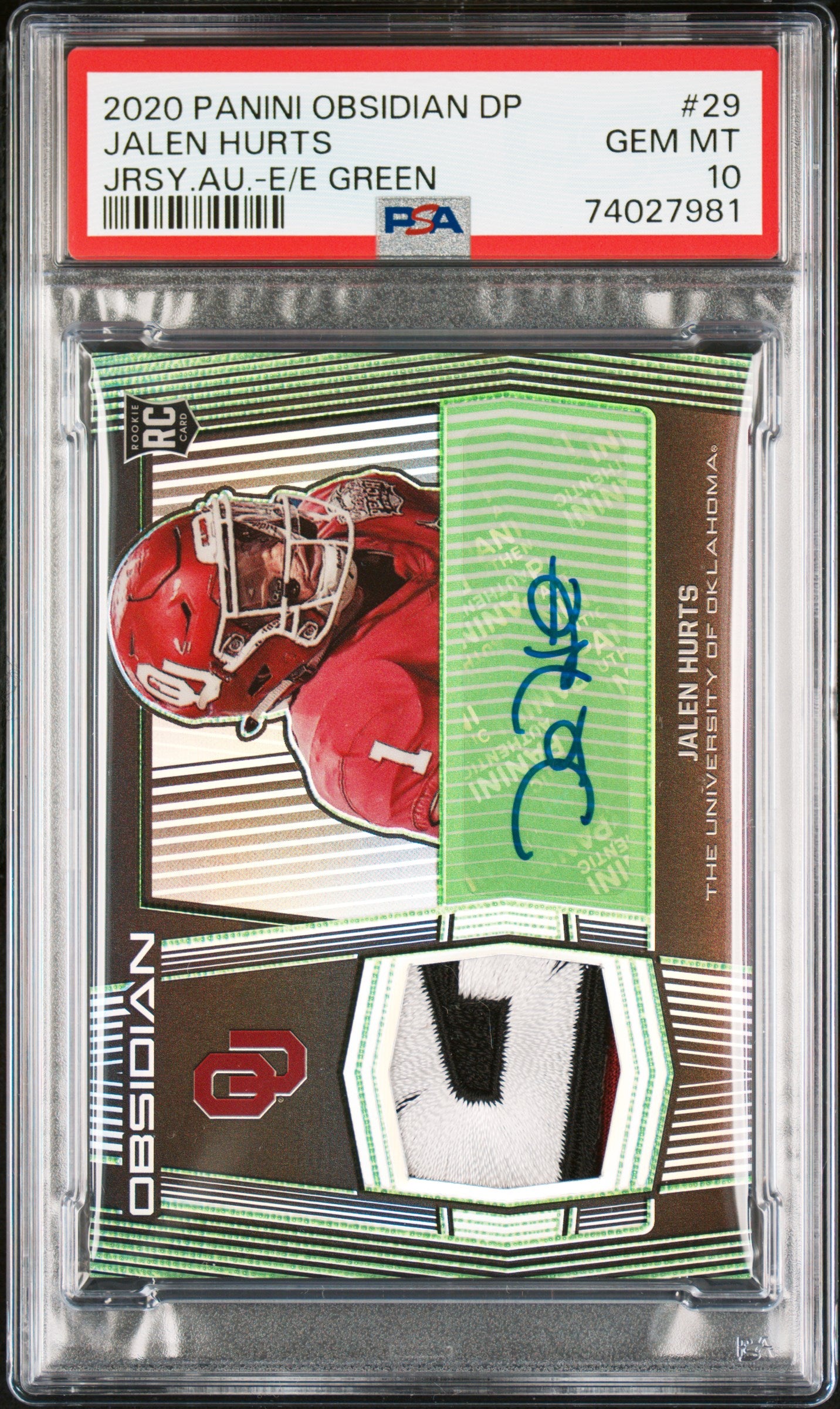 2020 Panini Obsidian Green Jalen Hurts #29 RC Auto Patch /10 PSA 10