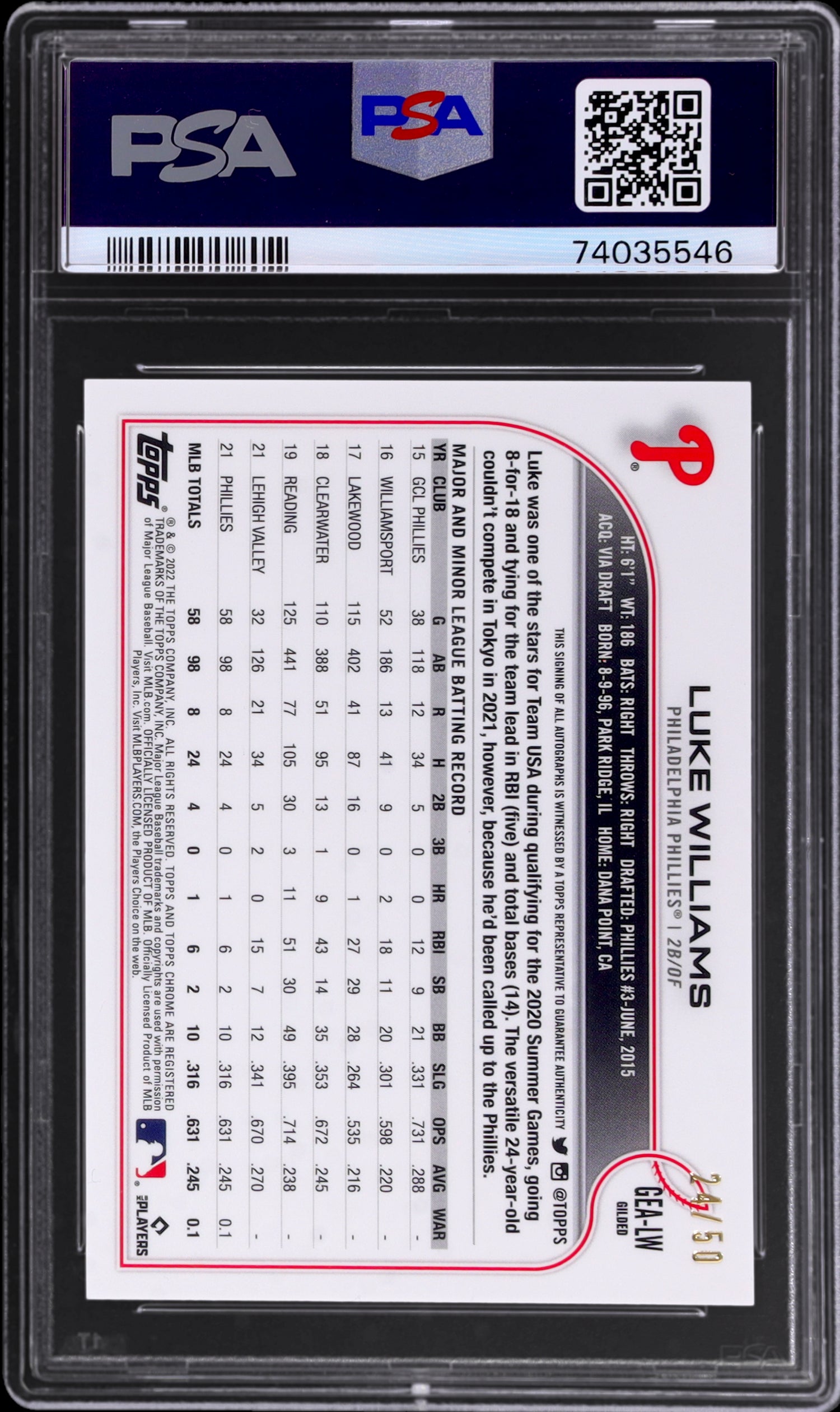 2022 Topps Gilded Gold Etch Auto Blue Luke Williams #LW RC /50 PSA 10 Auto 10