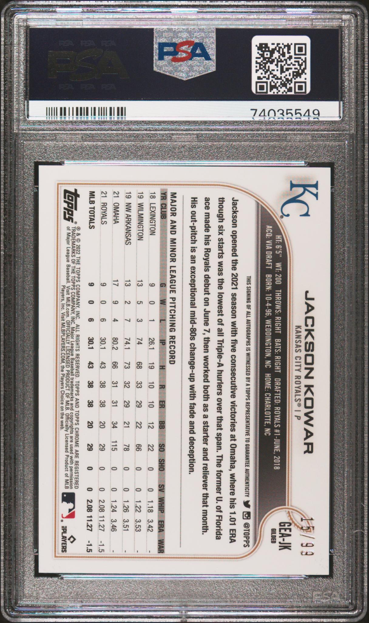 2022 Topps Gilded T/C Gold Etch Jackson Kowar #GEA-JK RC Auto /99 PSA 10 Auto 9