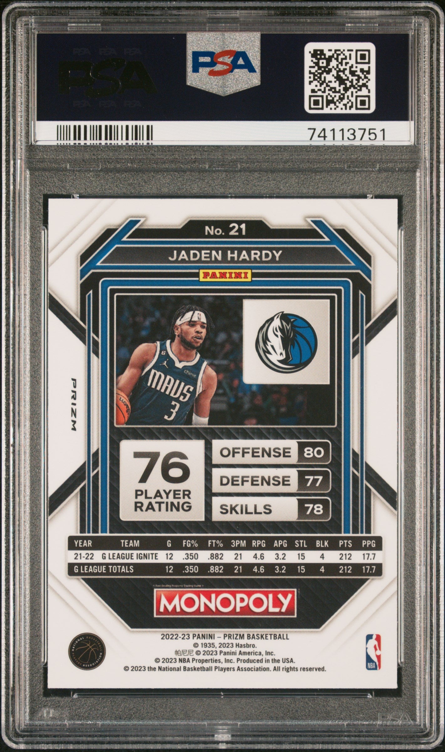 2022 Prizm Monopoly Go Space Jaden Hardy #21 PSA 9 RC