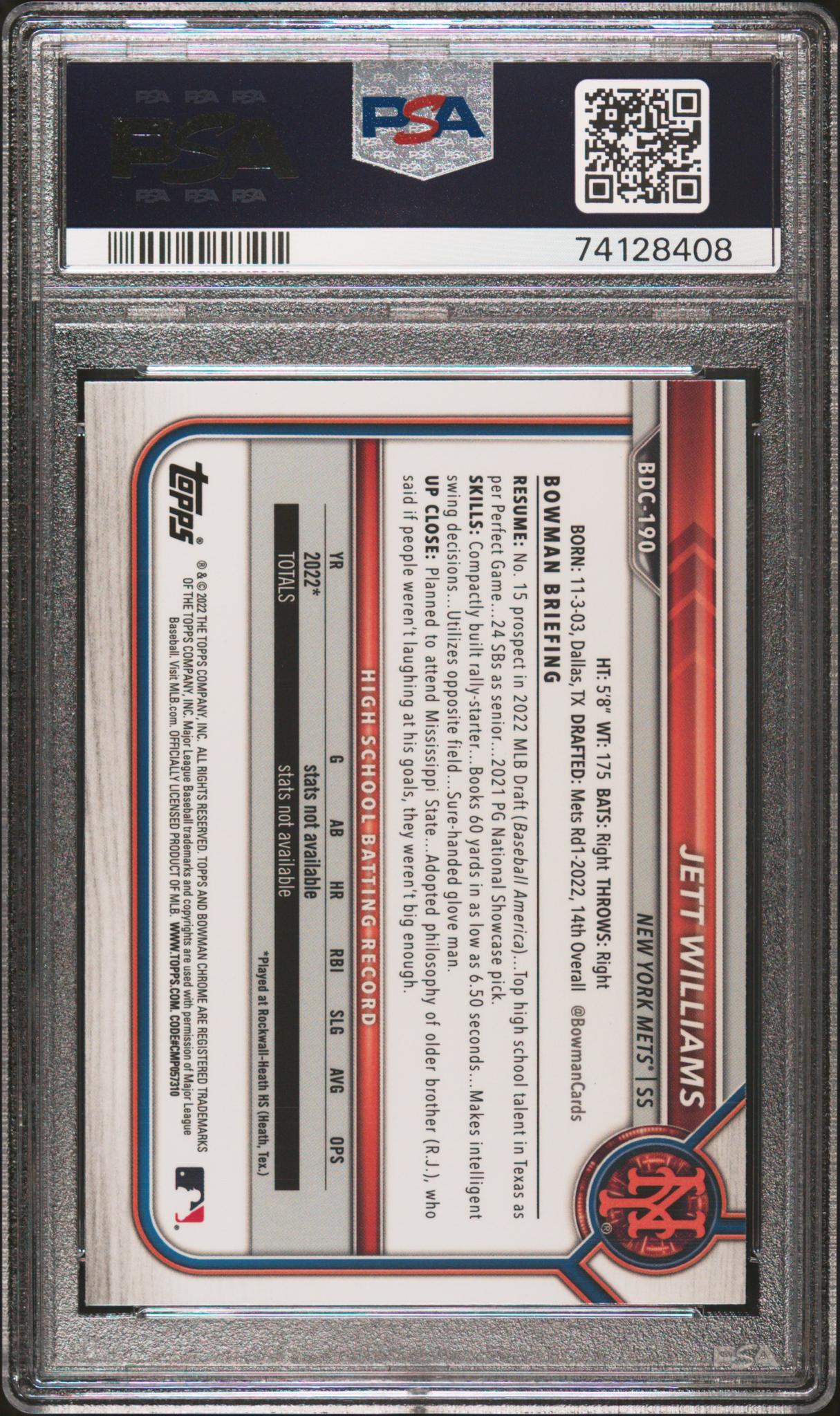 2022 Bowman Draft Sky Blue Refractor Jett Williams #BDC-190 PSA 10
