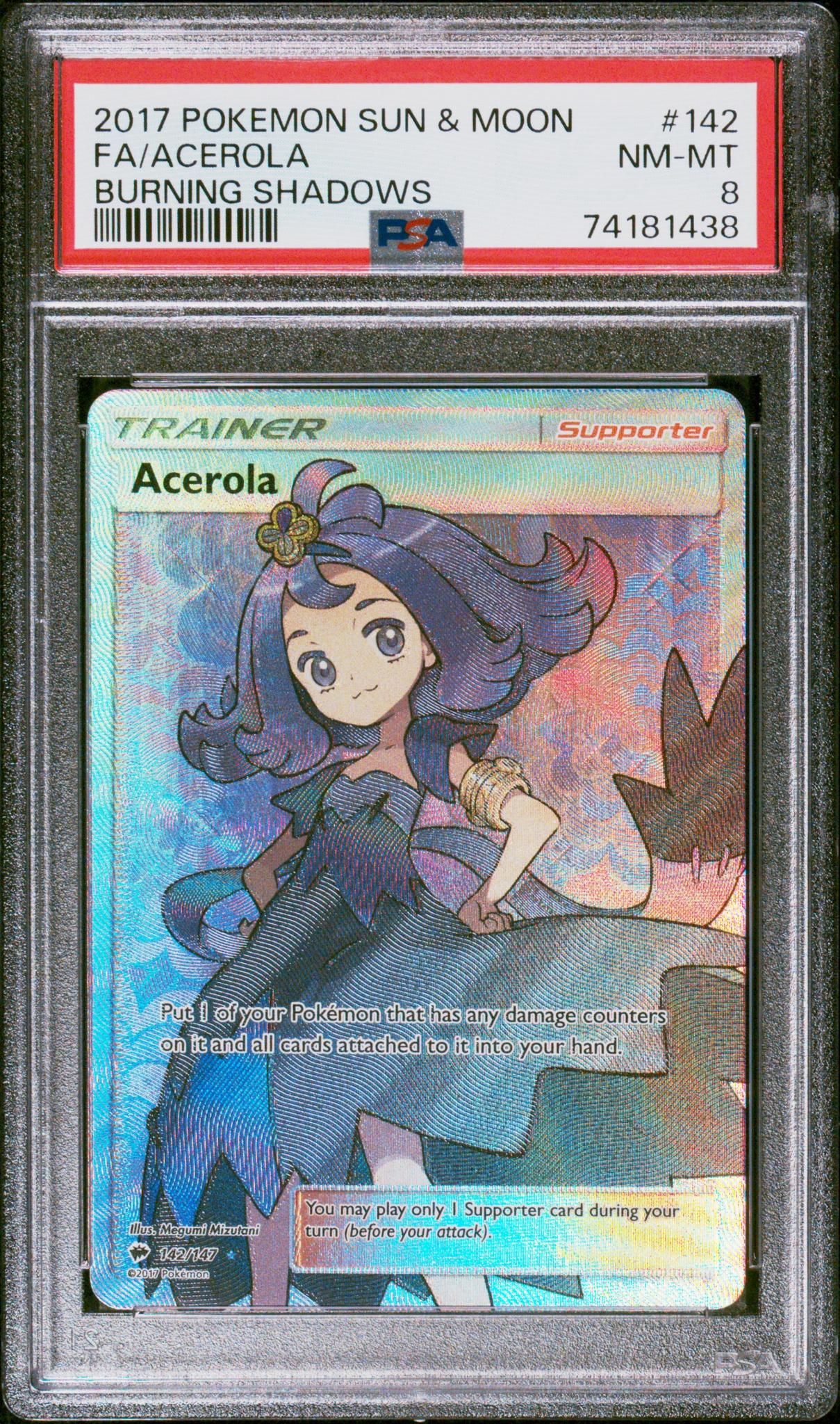 2017 Pokémon Sun & Moon Burning Shadows Acerola Full Art #142 PSA 8