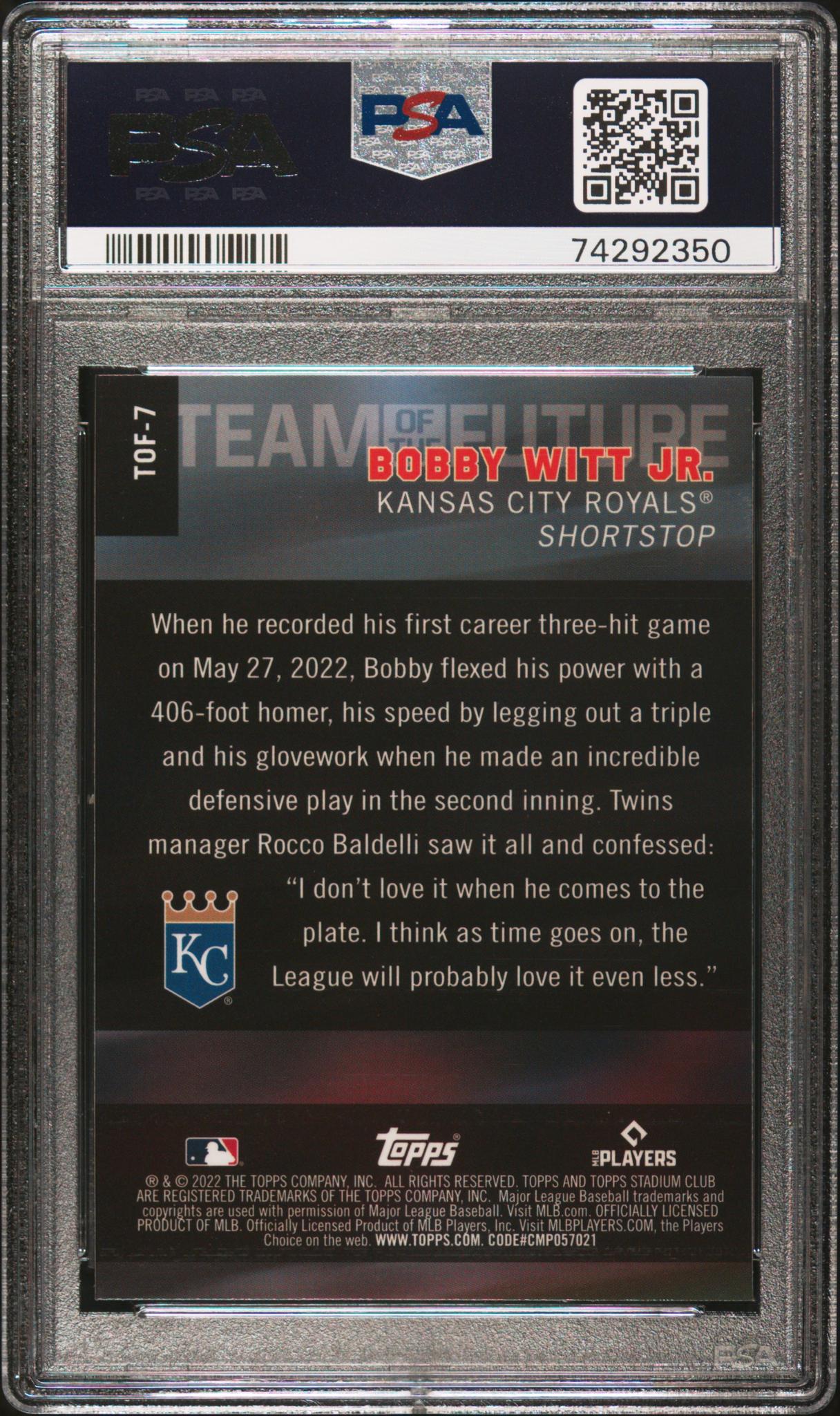 2022 Topps Stadium Club Team of the Future Bobby Witt Jr. #TOF7 PSA 10