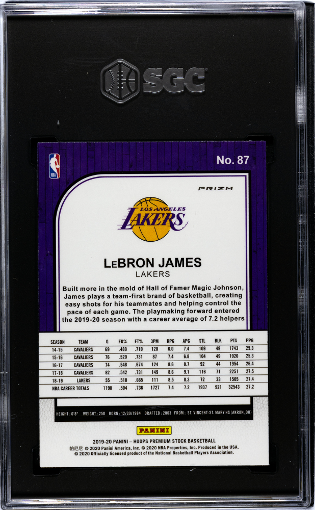 2019-20 Panini Hoops Premium Stock #87 Lebron James Silver Laser Prizm SGC 10
