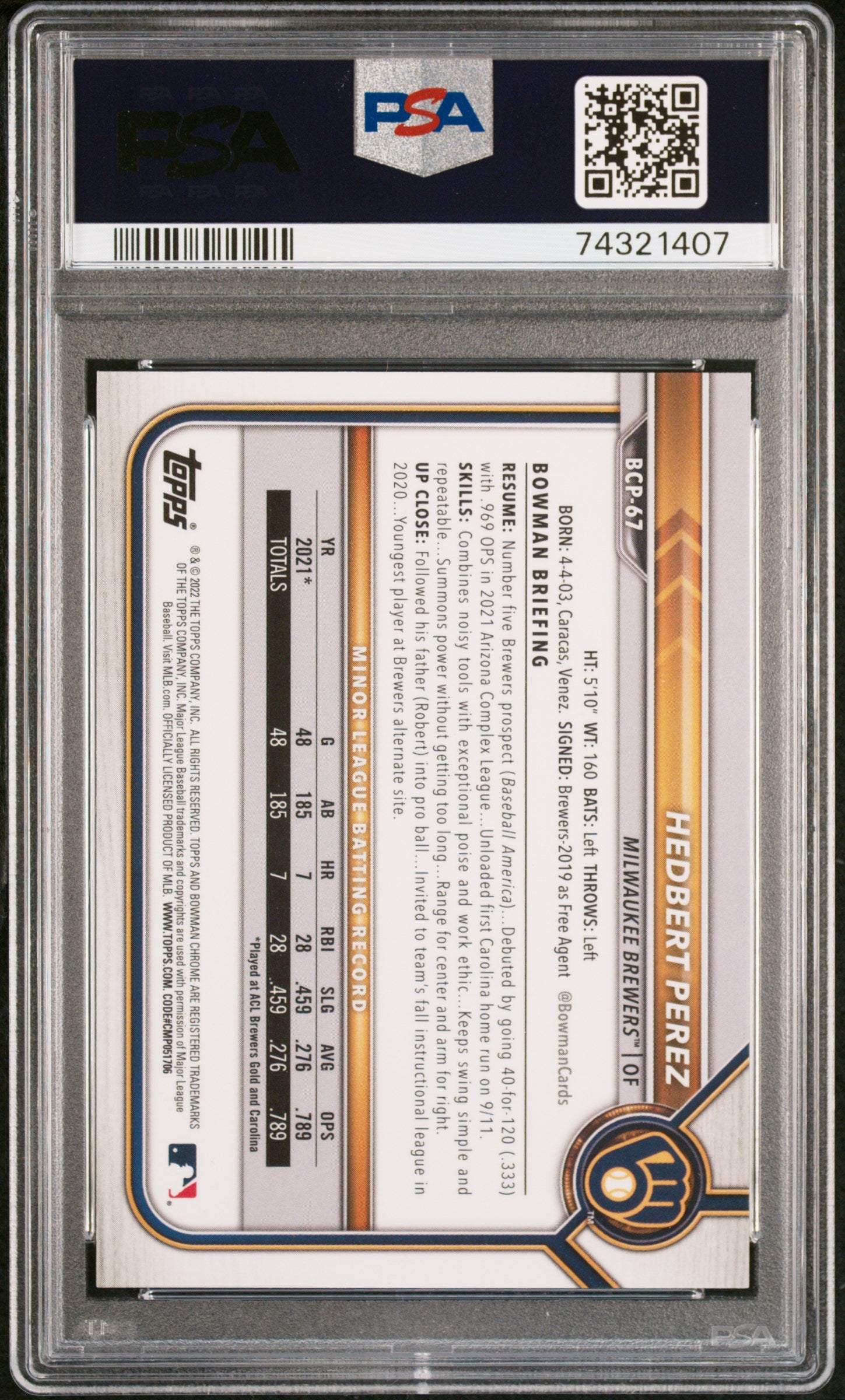 2022 Bowman Chrome Hedbert Perez Pros-Orange Ref. Orange /25 PSA 10