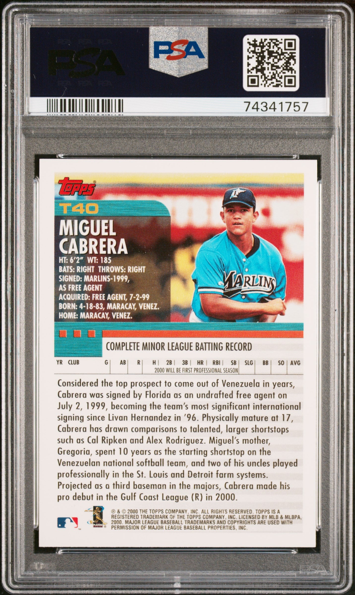 2000 Topps Traded #T40 Miguel Cabrera PSA 9