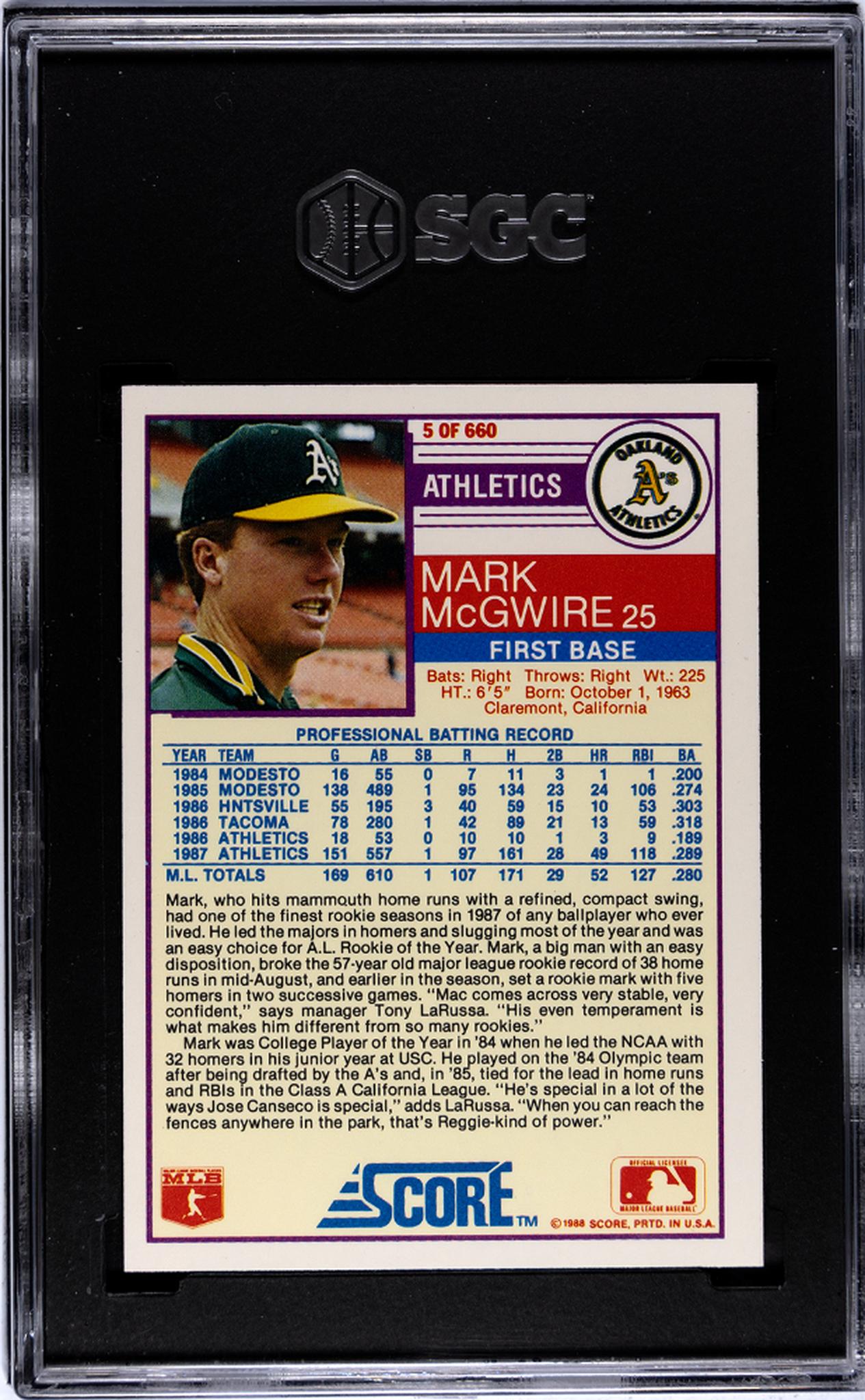 1988 Score Mark McGwire #5 SGC 8