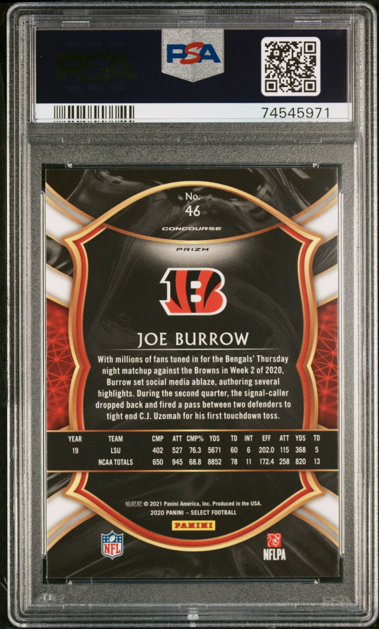 2020 Panini Select Concourse Silver Prizm Joe Burrow #46 PSA 9