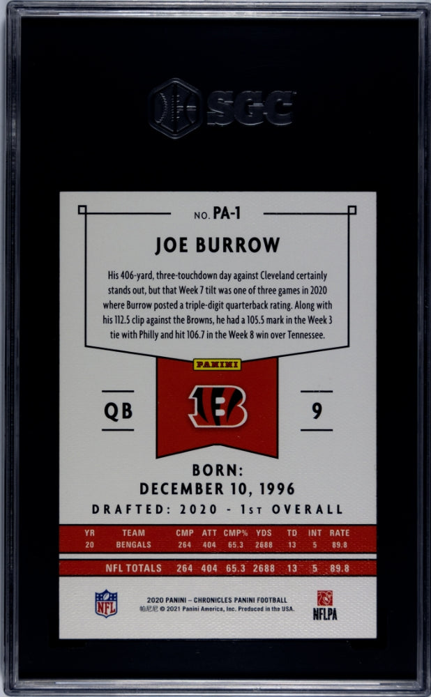 2020 Panini Chronicles Red Joe Burrow #PA-1 RC /199 SGC 10