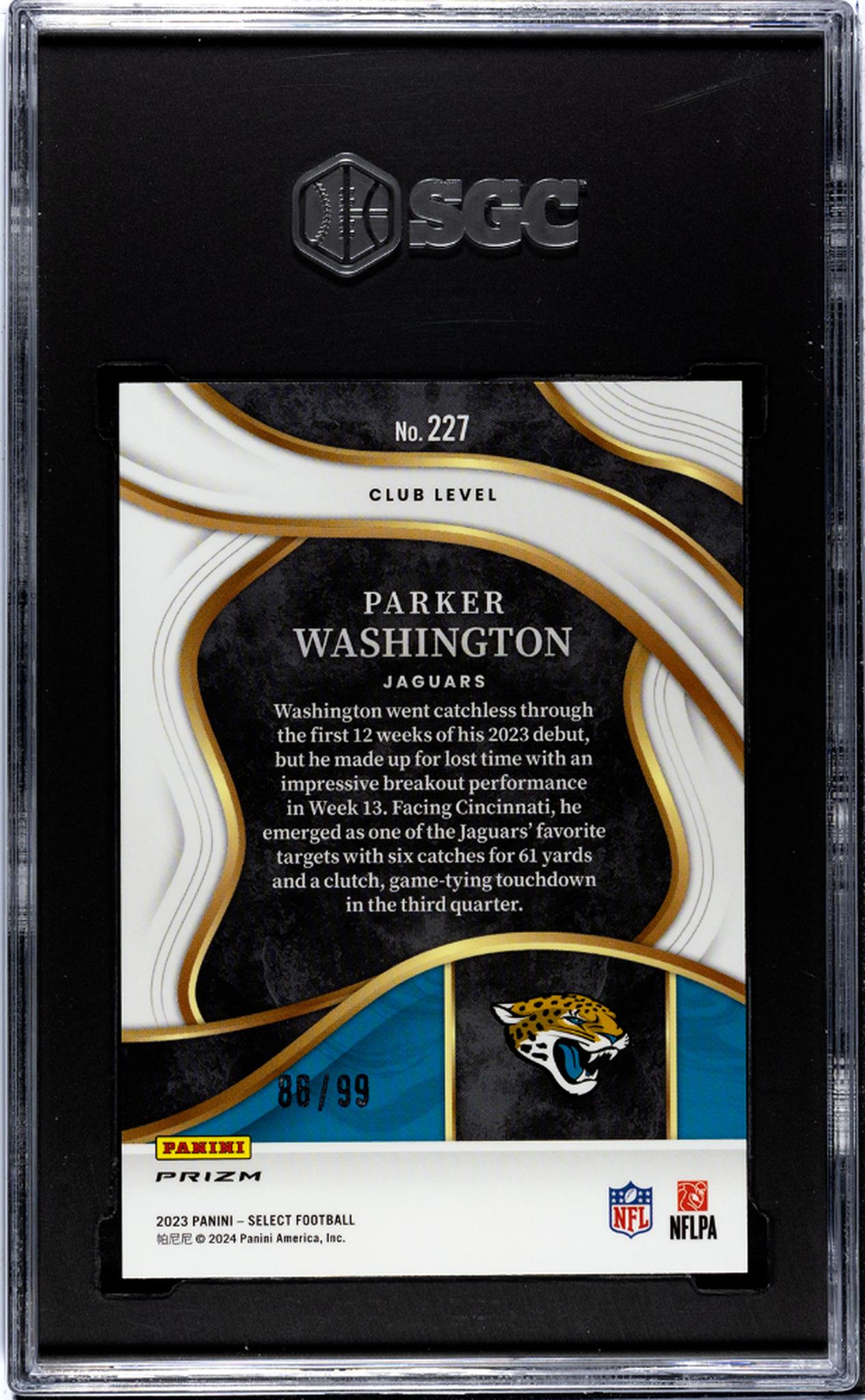 2023 Panini Select #227 Parker Washington Blue Prizm 86/99 SGC 9