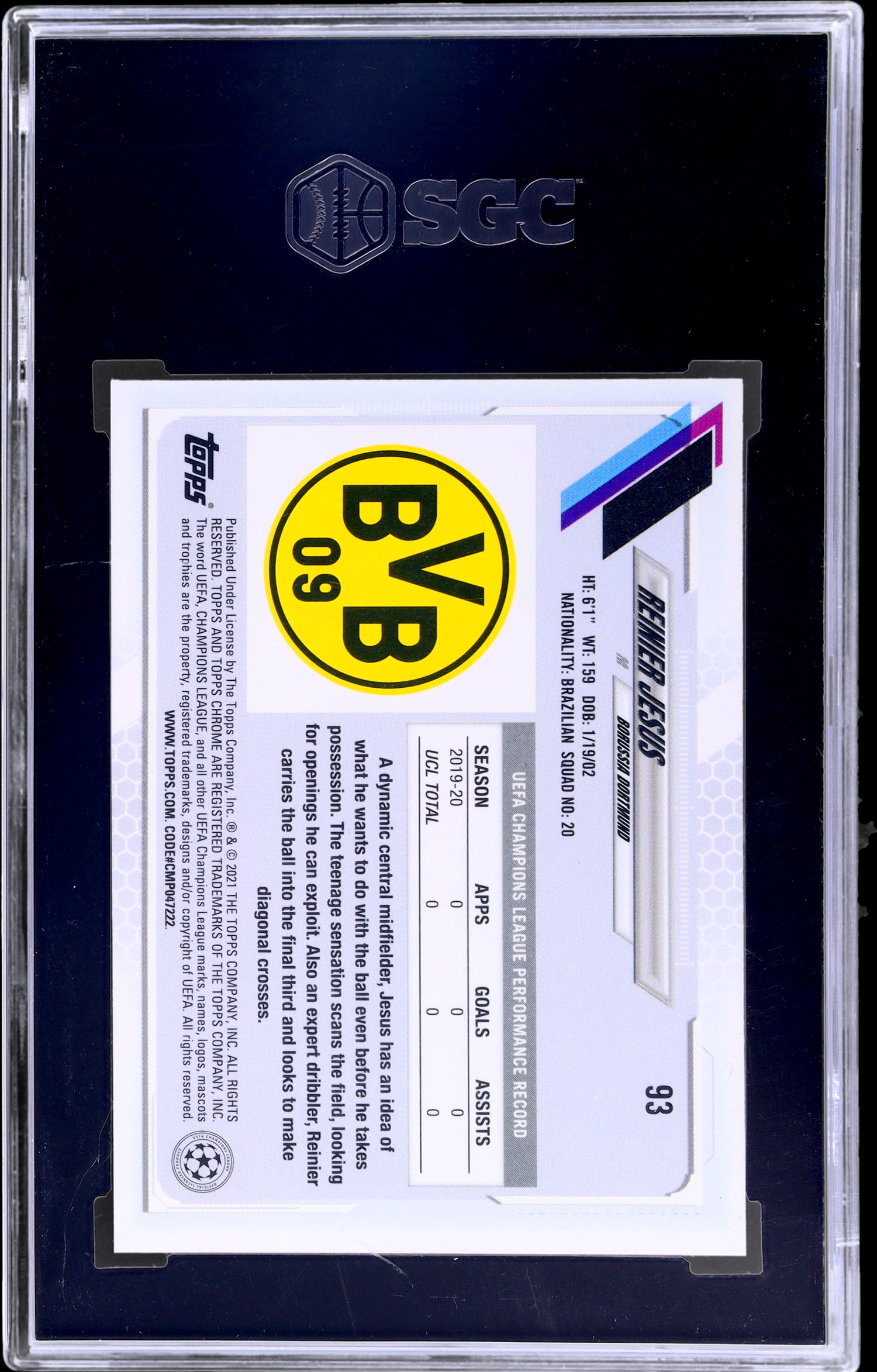 2020-21 Topps Chrome Sapphire Reinier Jesus #93 SGC 8.5 RC