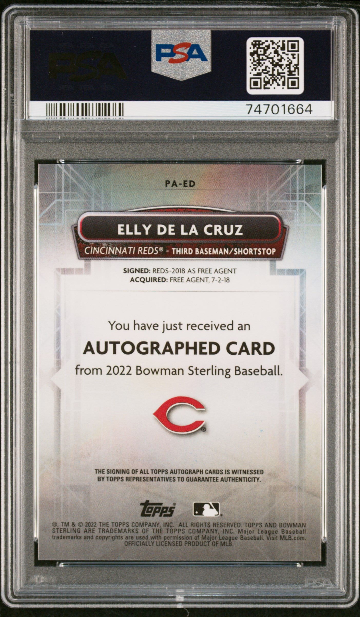 2022 Topps Bowman Sterling Prospect Autographs Elly De La Cruz #PAED Auto PSA 10