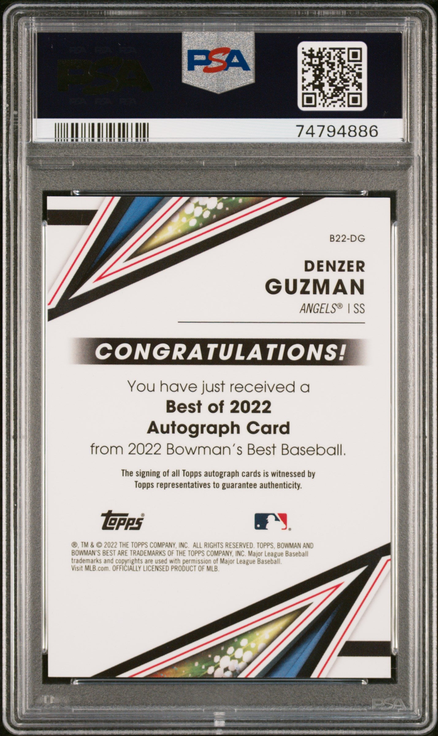 2022 Topps Bowman's Best Best of 2022 Blue Denzer Guzman #B22-DG Auto /150 PSA 9