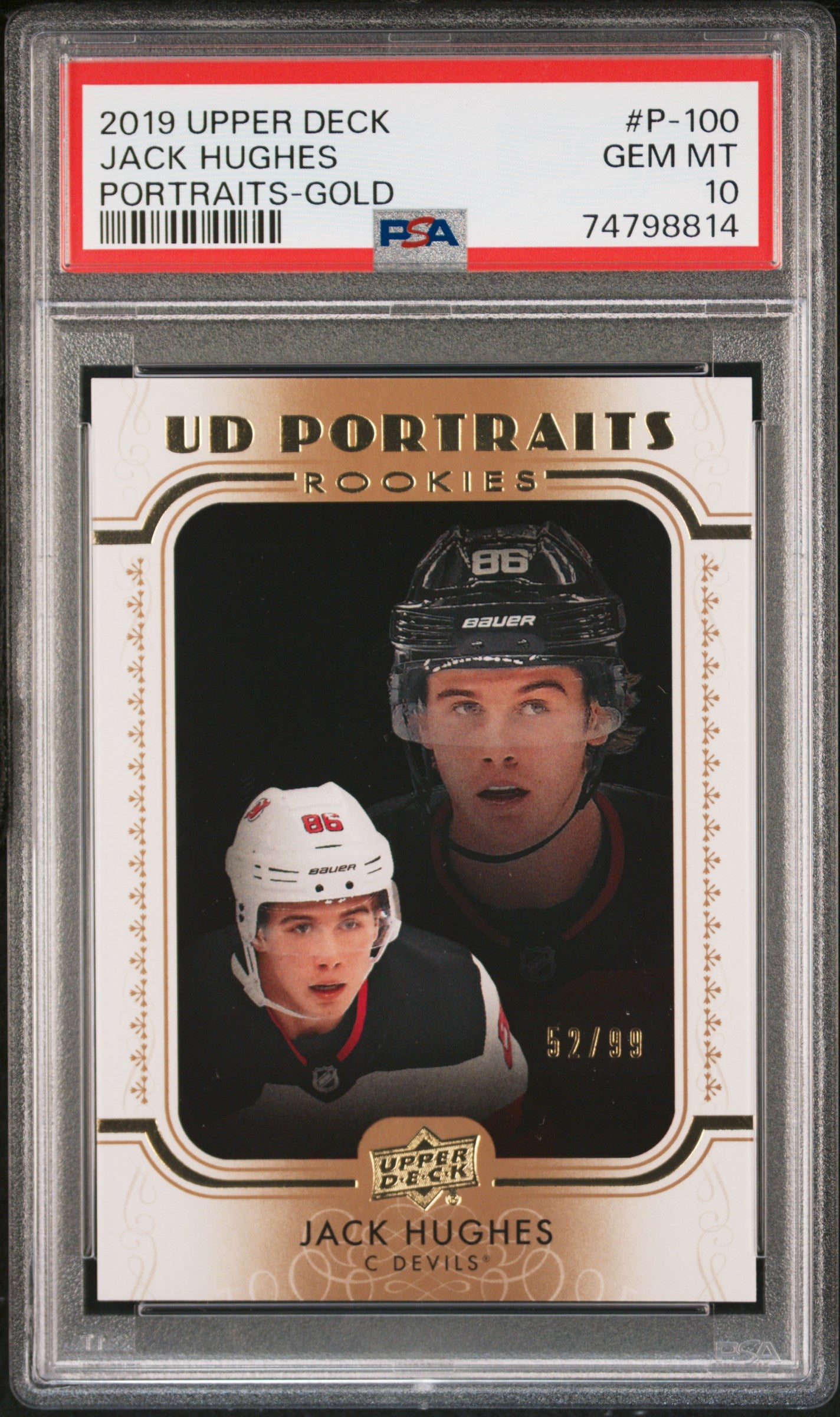 2019 Upper Deck UD Portraits Rookies Gold Jack Hughes #P-100 /99 PSA 10