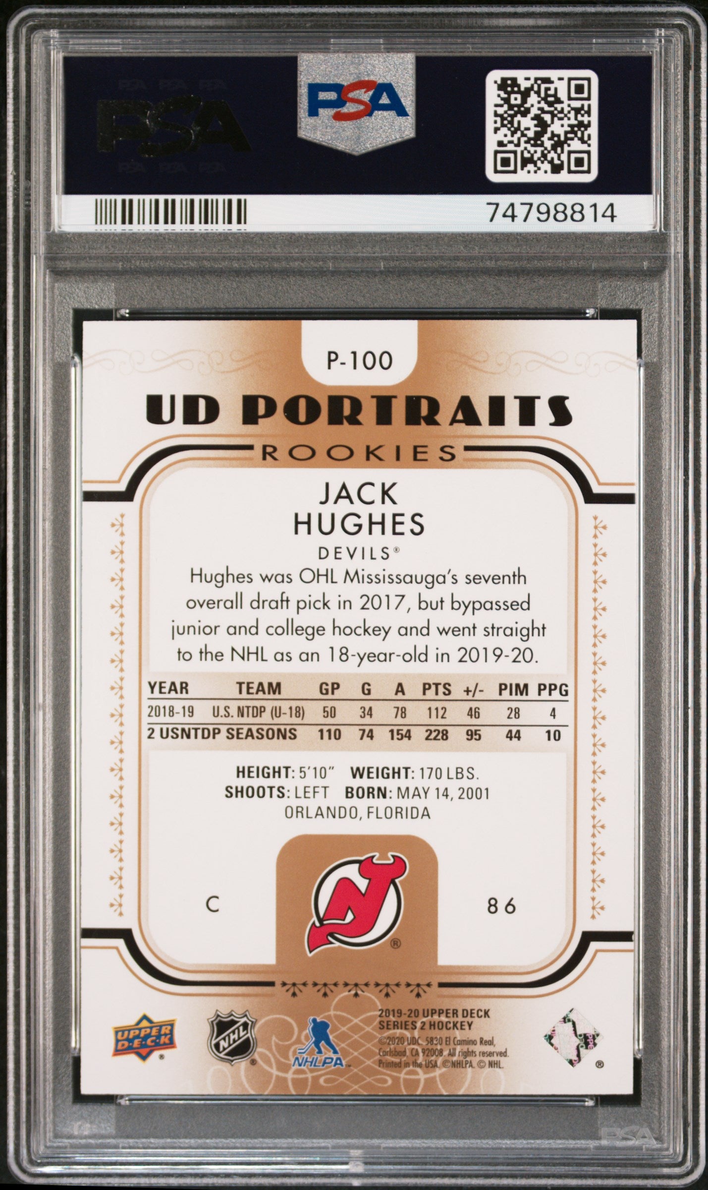 2019 Upper Deck UD Portraits Rookies Gold Jack Hughes #P-100 /99 PSA 10