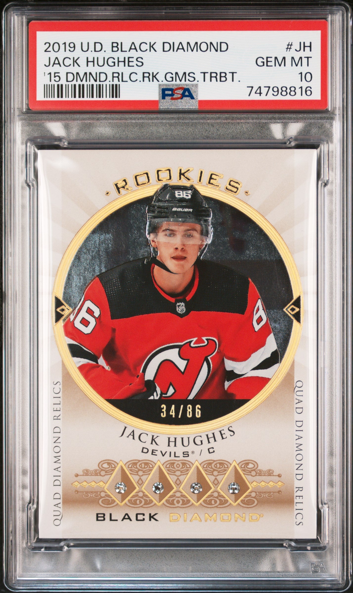 2019 Black Diamond '15-16 Tribute Diamond Relic Rookie Gems Jack Hughes #BDRRJH /86 PSA 10
