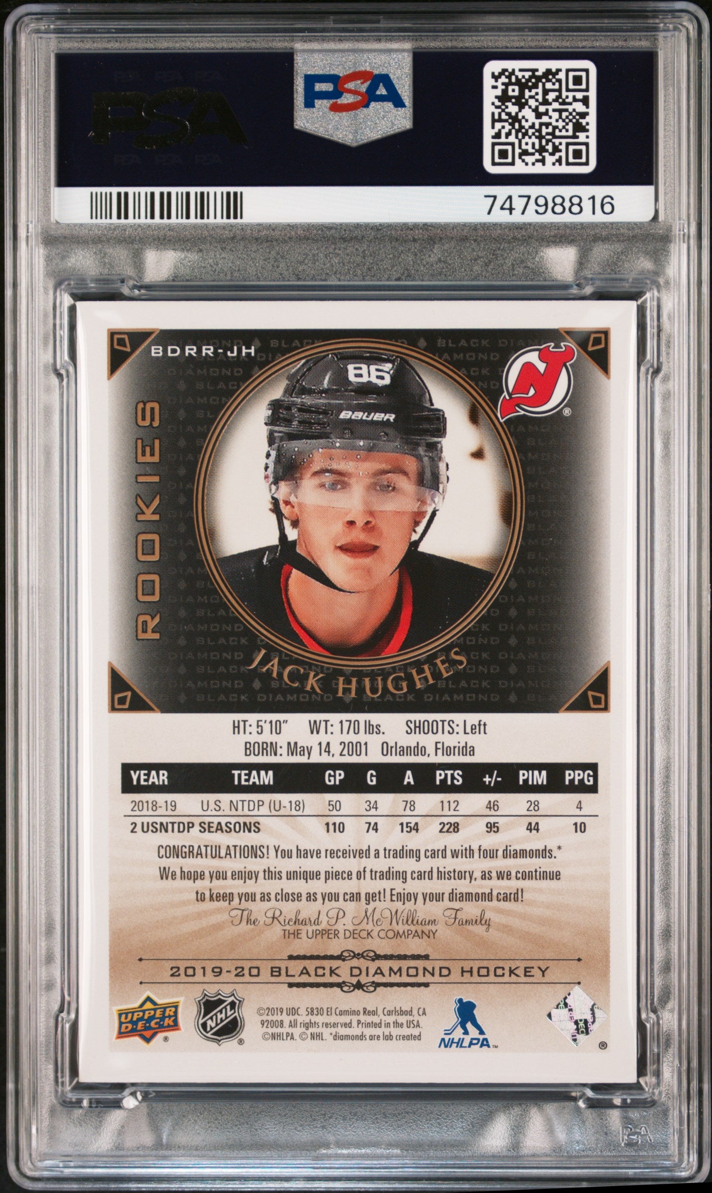 2019 Black Diamond '15-16 Tribute Diamond Relic Rookie Gems Jack Hughes #BDRRJH /86 PSA 10