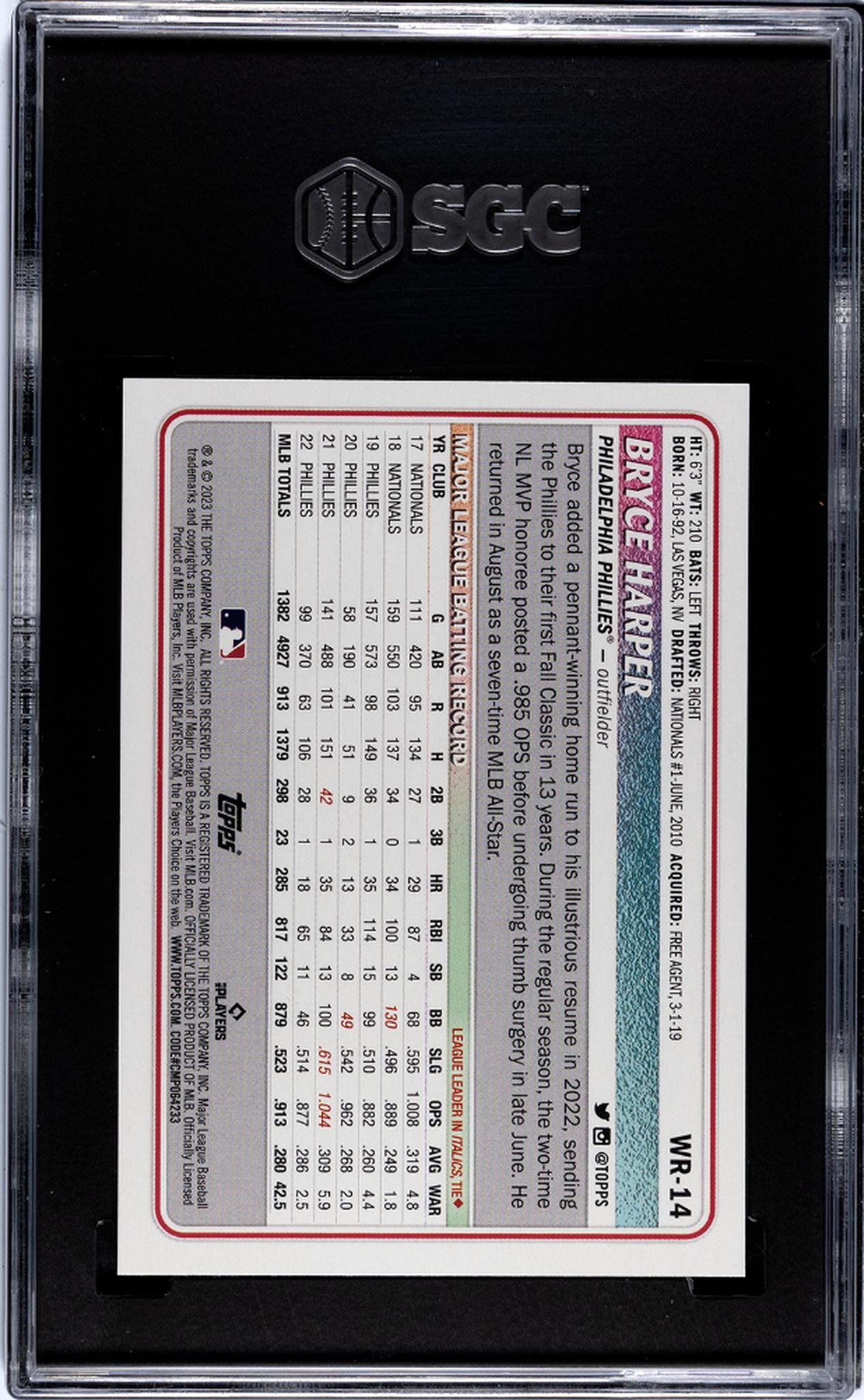 2023 Topps Big League #WR-14 Bryce Harper Wrapper Redemption SGC 9.5