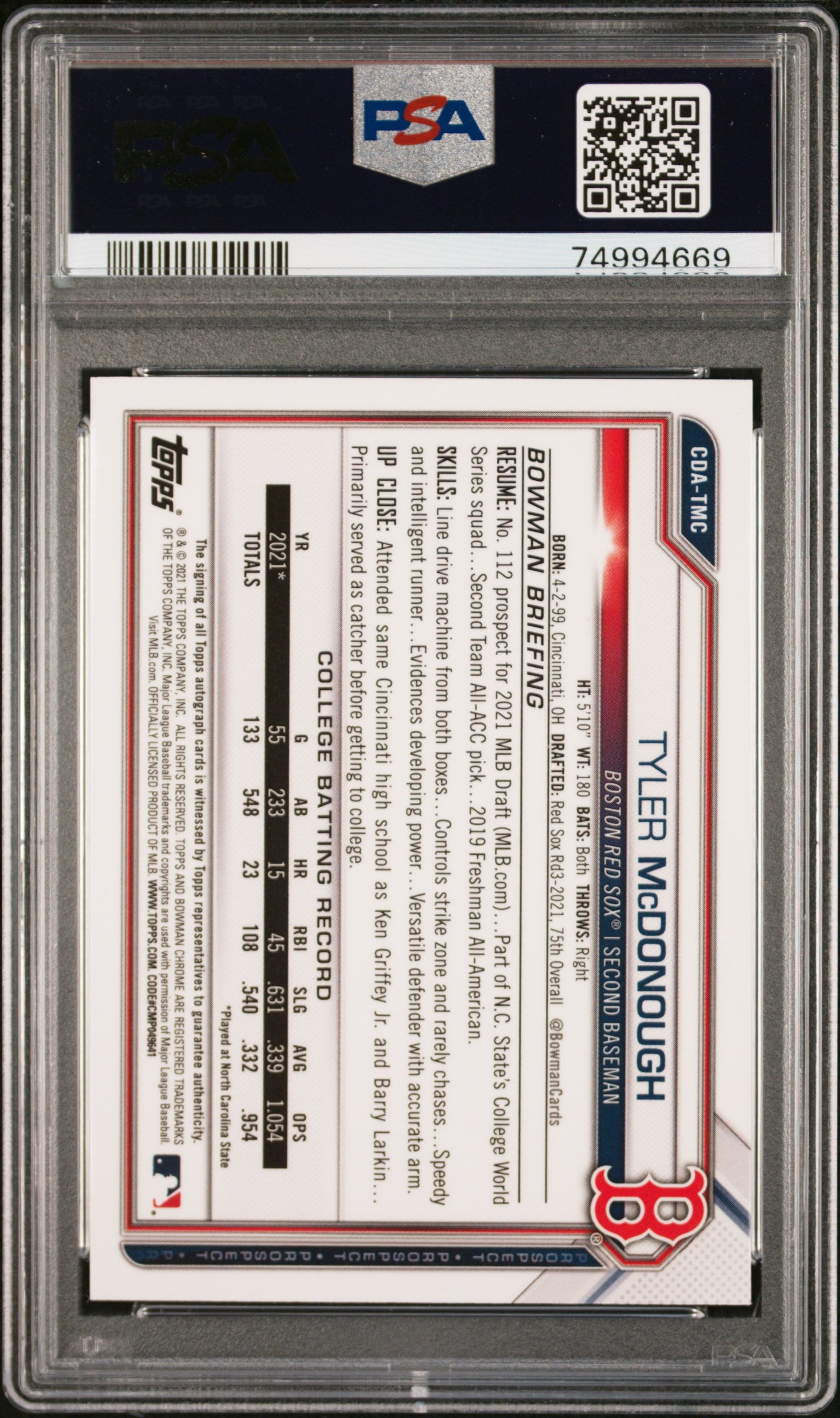 2021 Topps Bowman Draft Chrome Gold Wave Tyler McDonough #CDA-TMC Auto /50 PSA 9