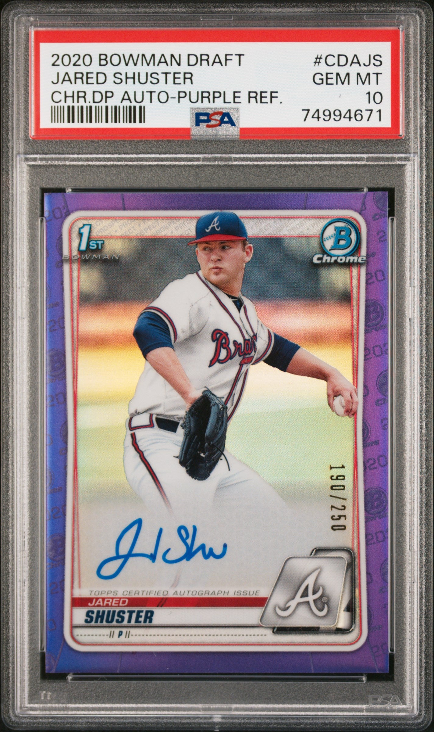 2020 Topps Bowman Draft Purple Refractor Jared Shuster #CDA-JS Auto /250 PSA 10