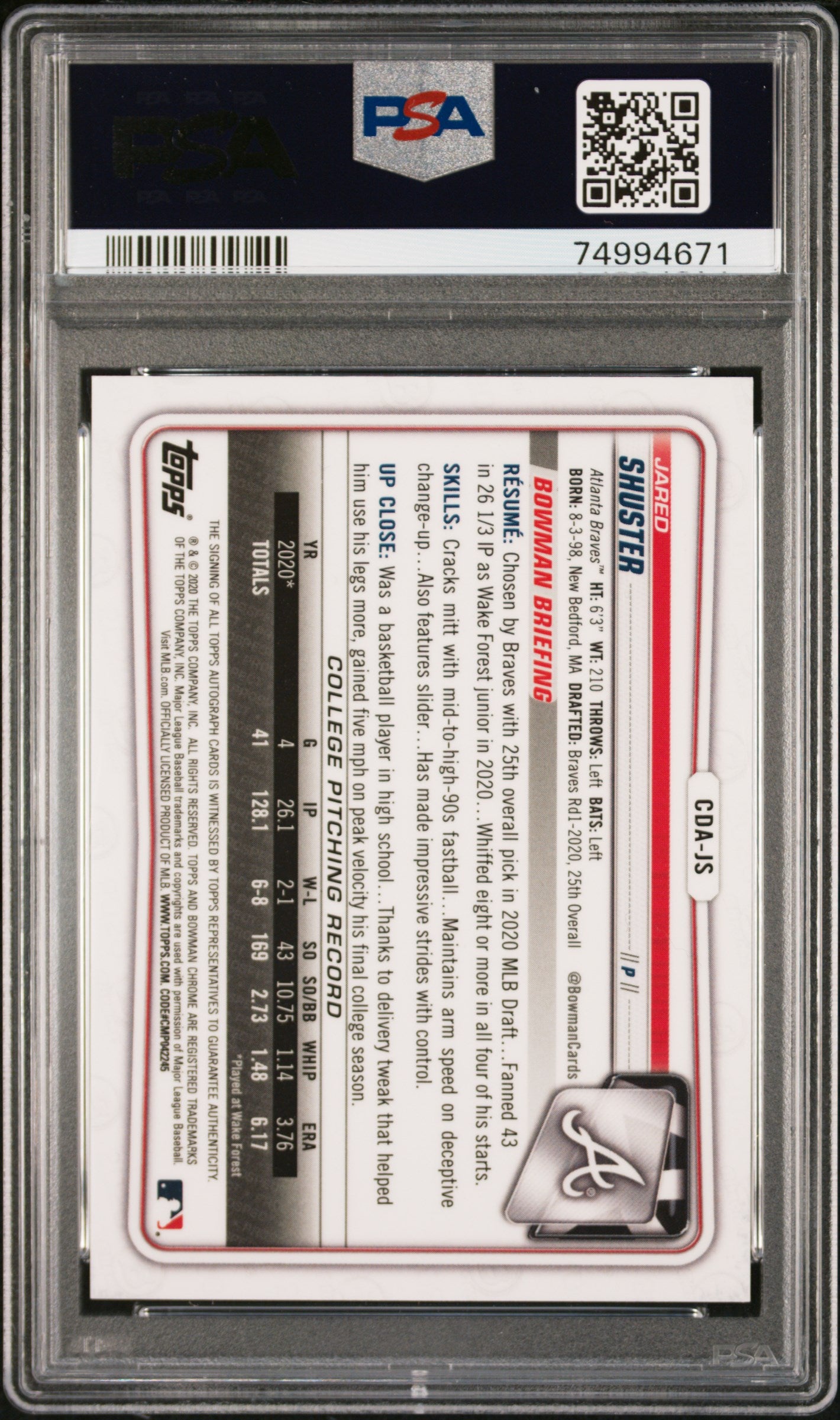 2020 Topps Bowman Draft Purple Refractor Jared Shuster #CDA-JS Auto /250 PSA 10