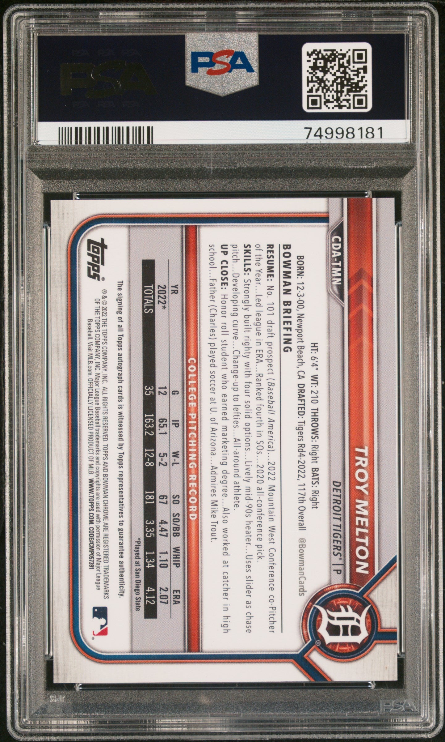 2022 Bowman Chrome #CDA-TMN Troy Melton Bowman Draft /75 PSA 9