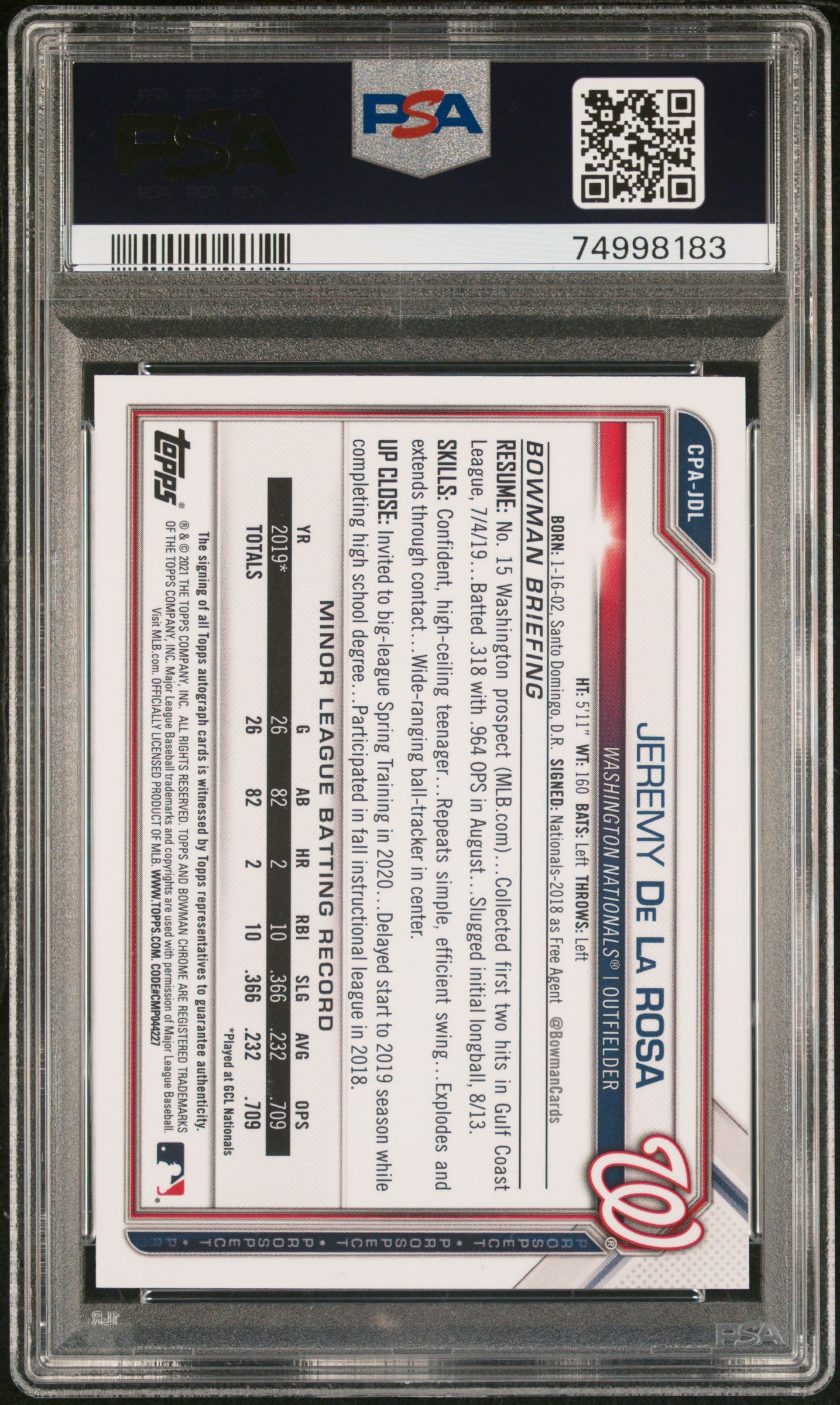 2021 Bowman Chrome Prospect Jeremy De La Rosa #CPA-JDL Auto PSA 9