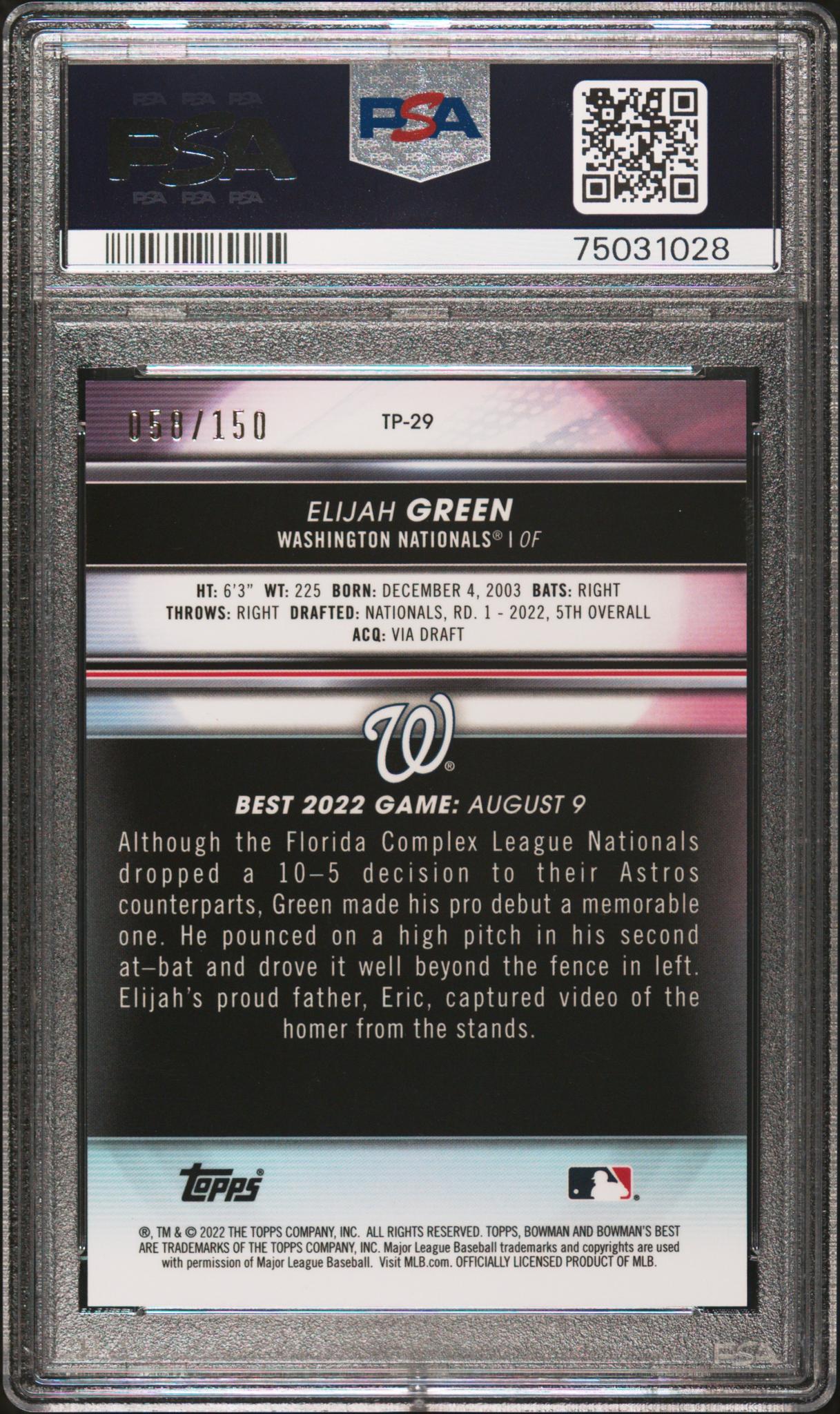 2022 Bowman's Best Top Prospects Blue Refractor Elijah Green #TP29 /150 PSA 10