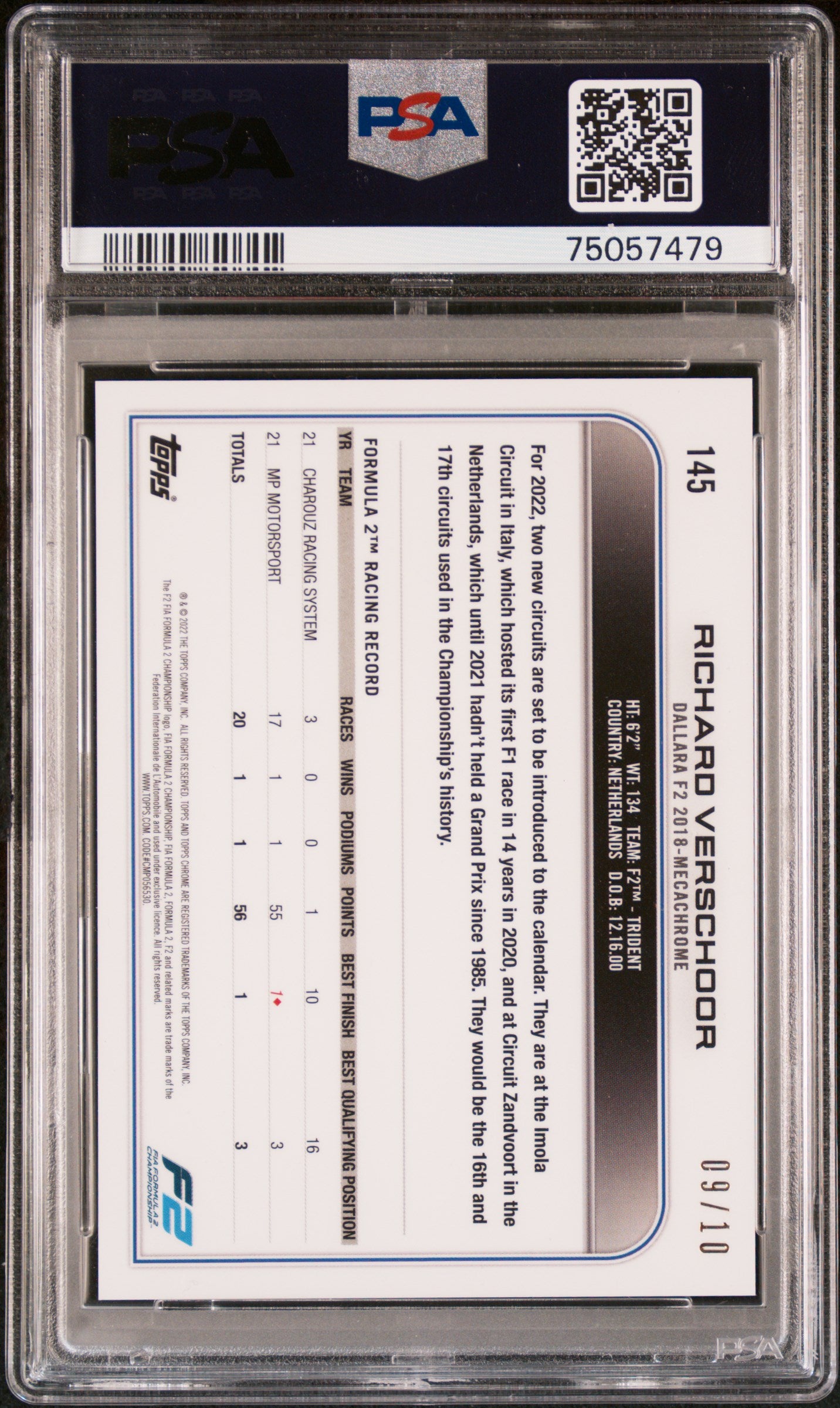 2022 Topps Chrome Formula 1 Sapphire Edition Purple Richard Verschoor #145 /10 PSA 9
