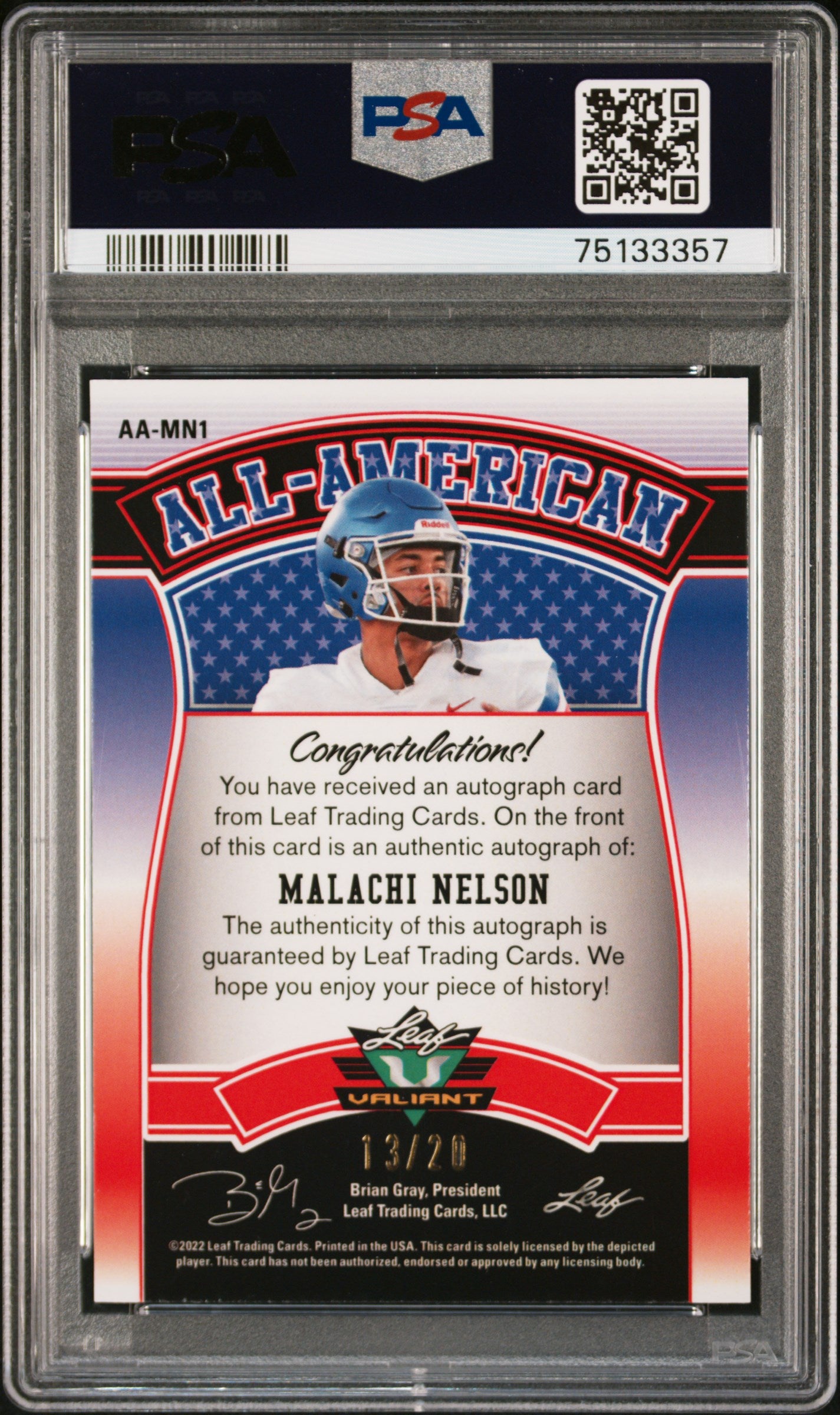 2022 Leaf Valiant All-American Navy Blue Malachi Nelson #AA-MN1 Auto /20 PSA 10
