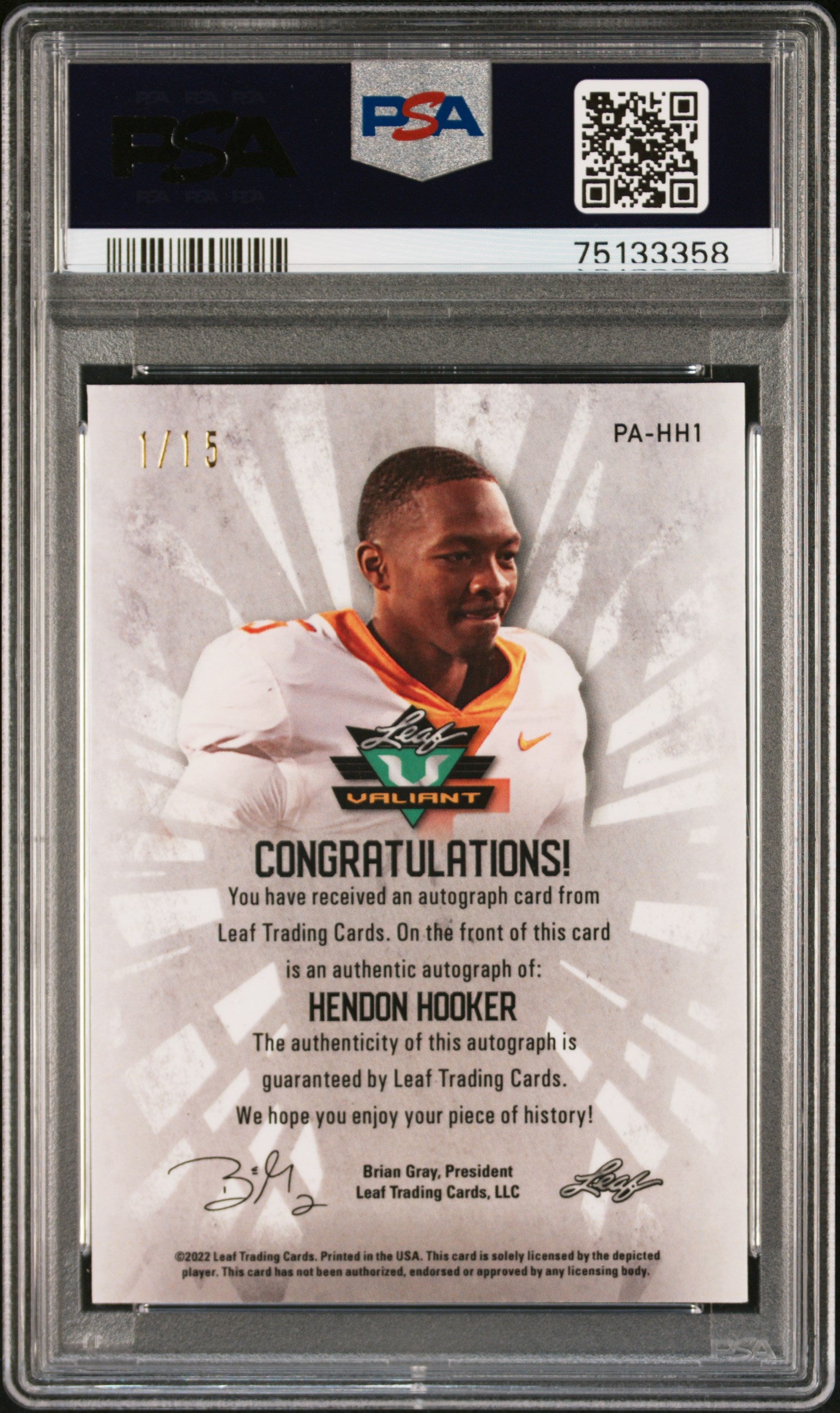 2022 Leaf Valiant Portrait Auto Purple Hendon Hooker #PAHH1 Auto /15 PSA 10