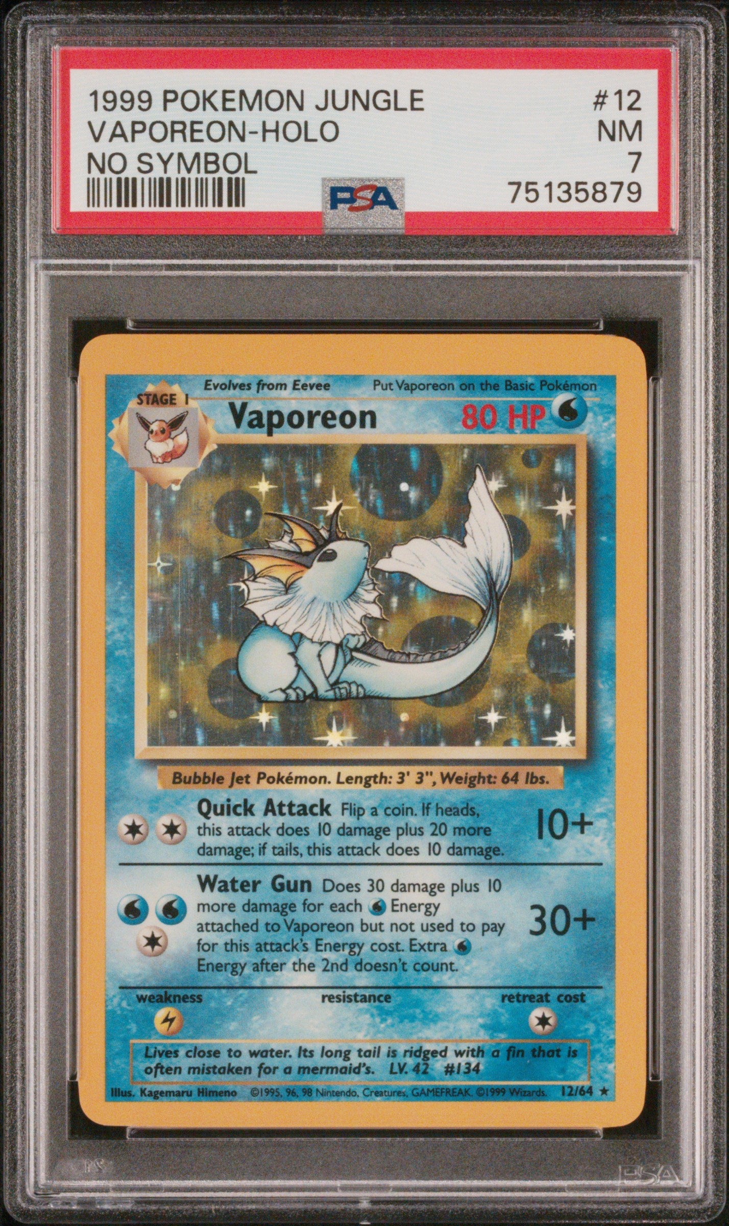 1999 Pokémon Jungle Vaporeon #12/64 Holo No Symbol PSA 7