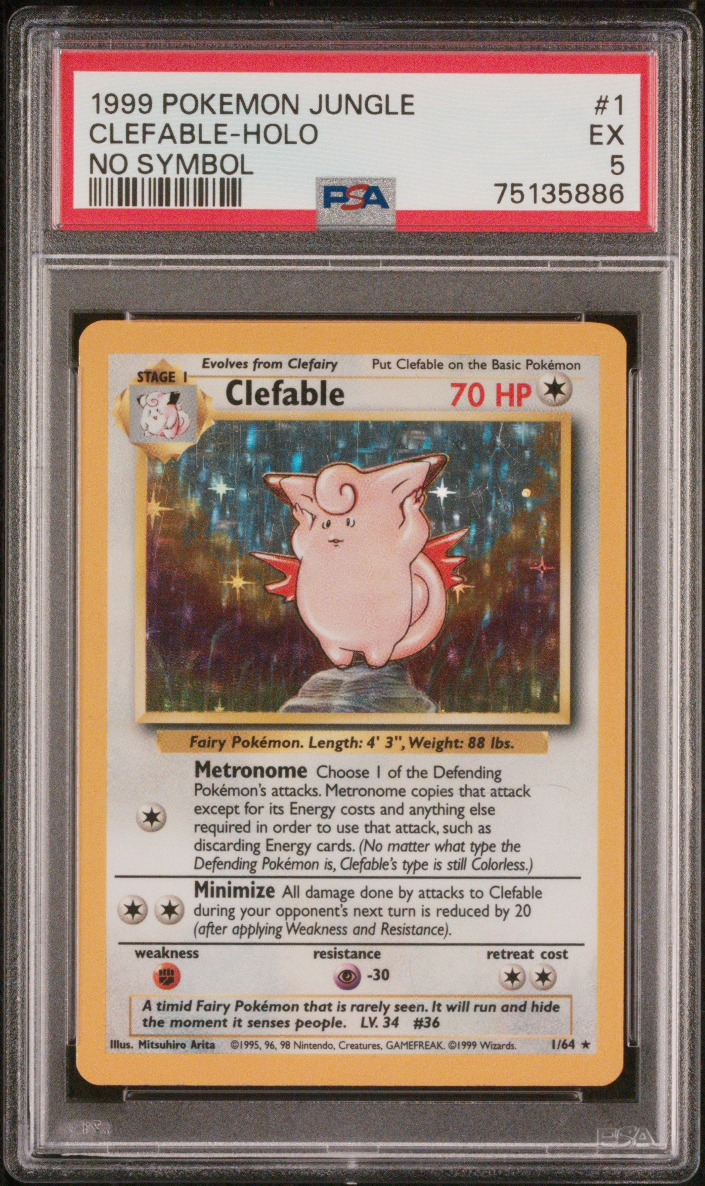 1999 Pokémon Jungle Clefable #1/64 Holo No Symbol PSA 5